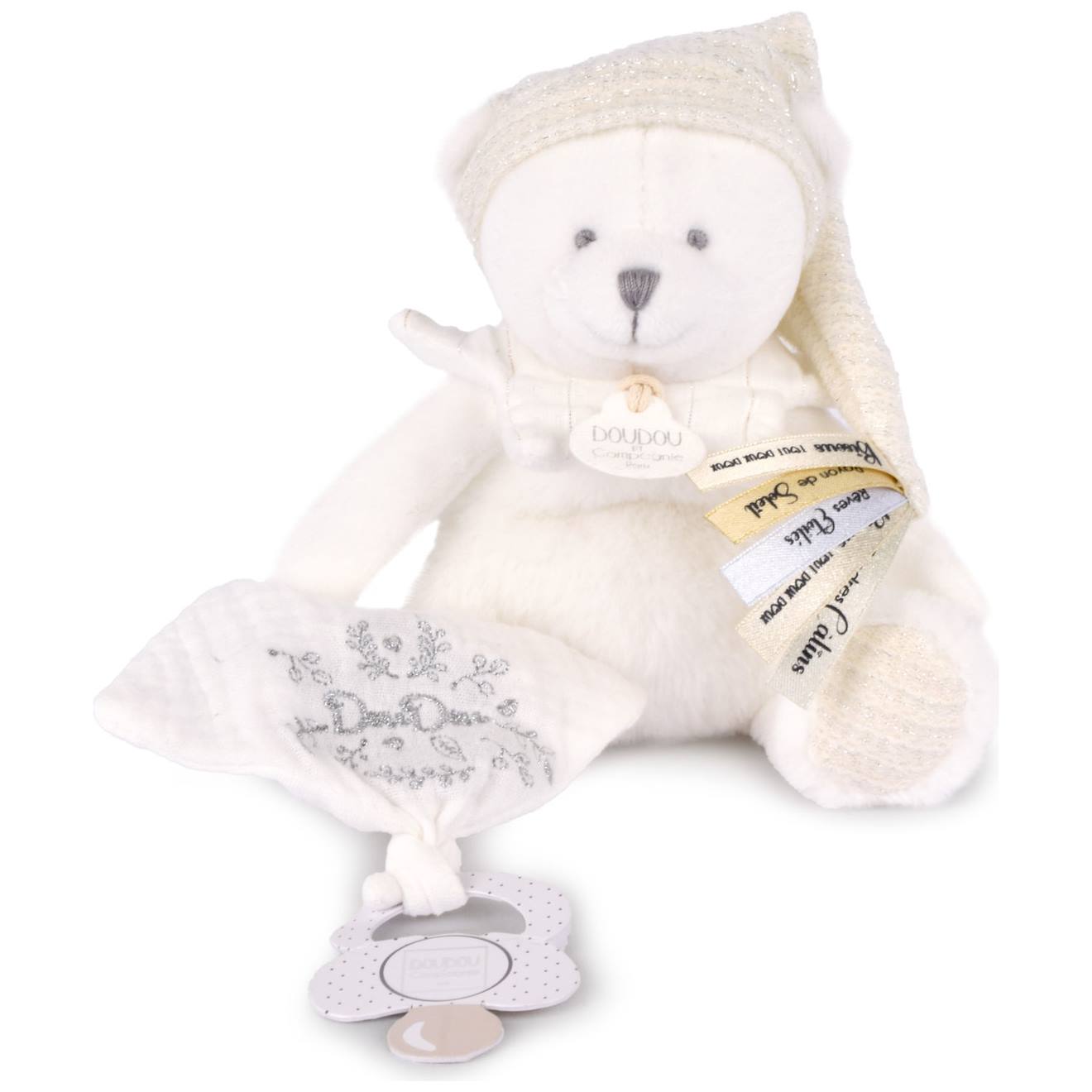 Peluche Attache-sucette Ours Pantin Argent (20 Cm) Blanc