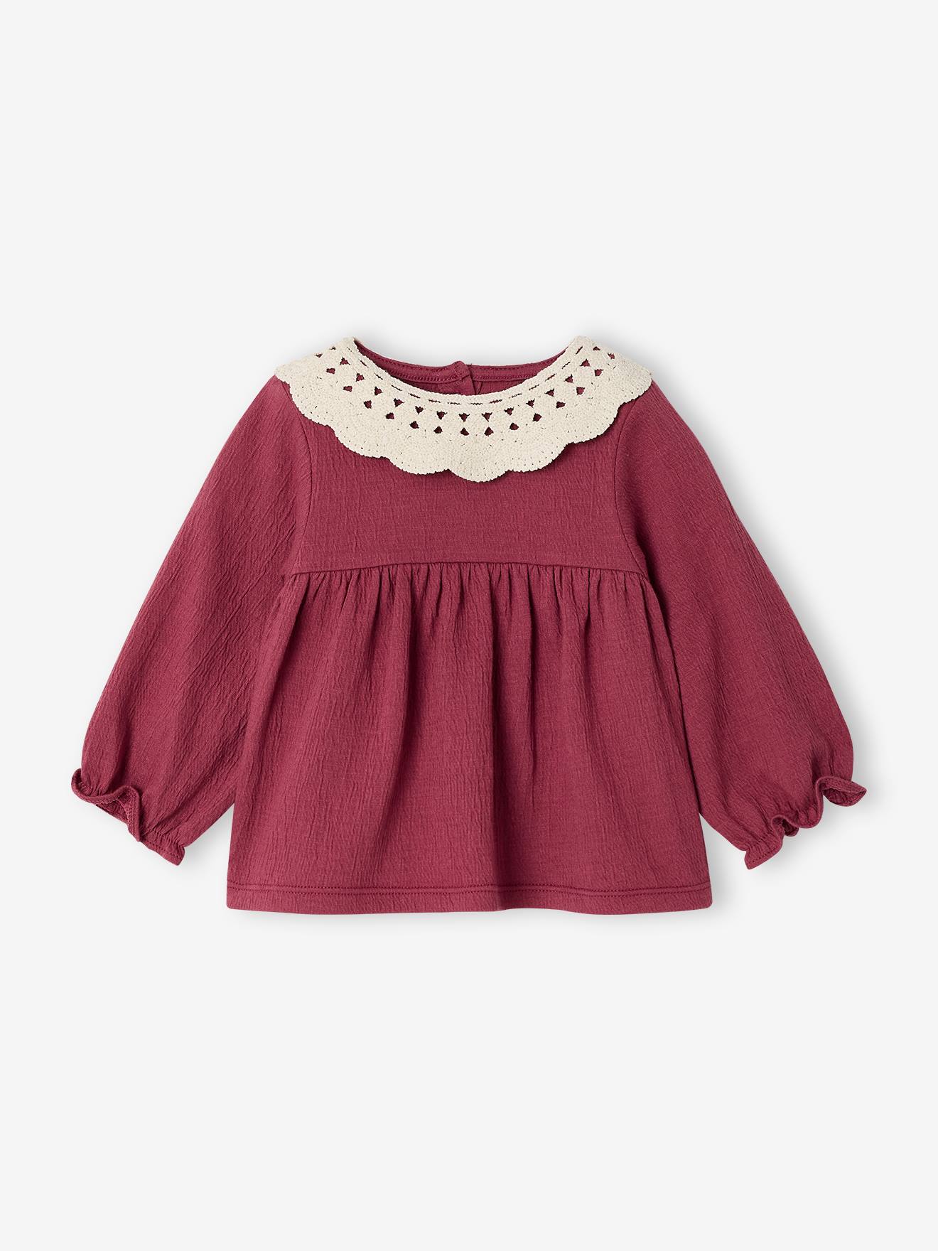T-shirt bébé en jersey froissé avec col en crochet prune