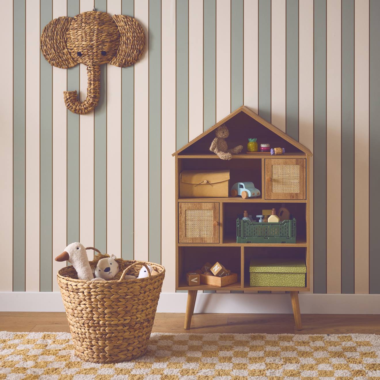 Etagère Bibliothèque Décor Bois, 7 Compartiments Et 2 Portes En Cannage Naturel (sweeek) - Image 1