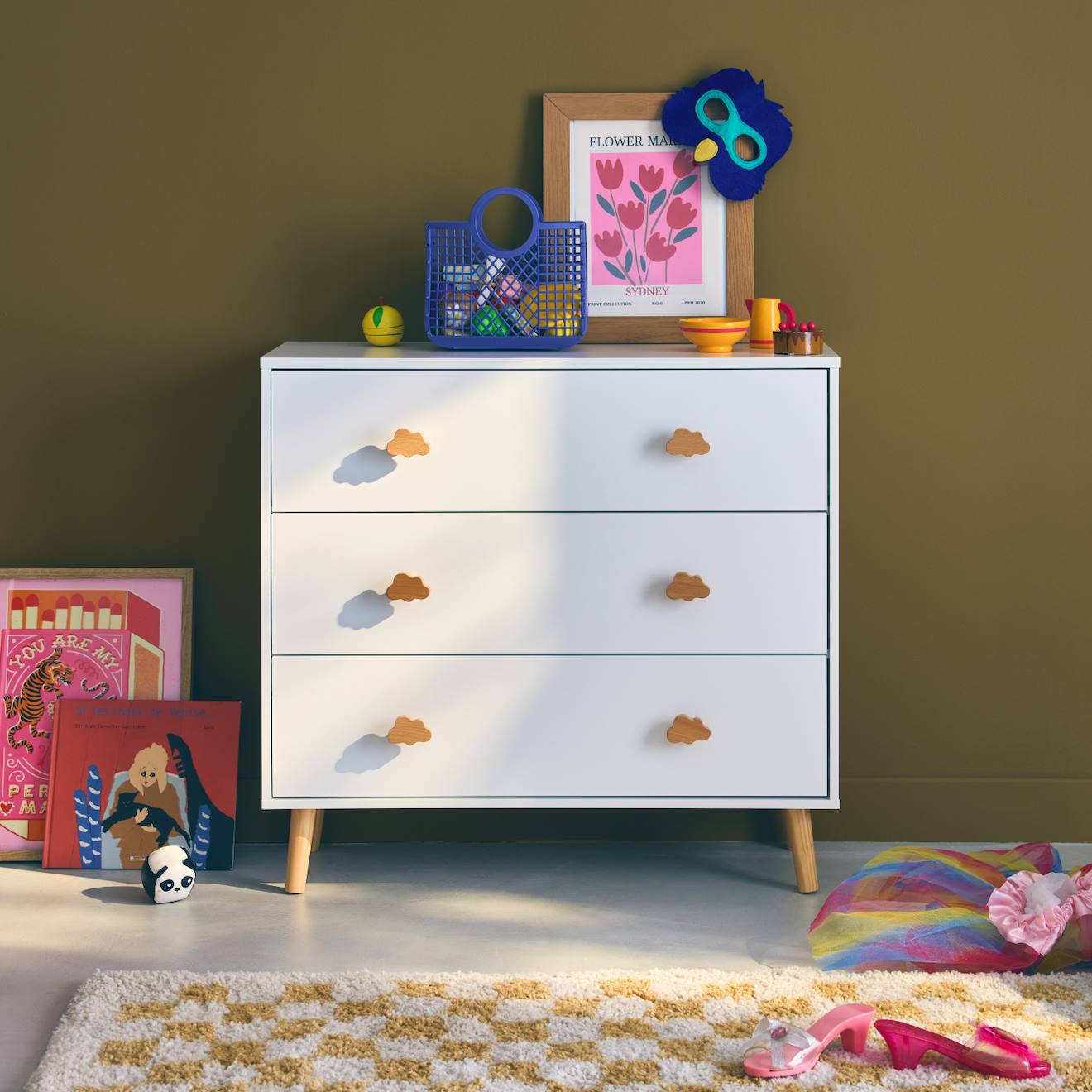 Commode Enfant, Décor Bois, 3 Tiroirs, Pieds Et Poignées Nuage En Pin Blanc (sweeek) - Image 1
