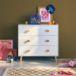 Chambre et rangement-Commode enfant, décor bois, 3 tiroirs, pieds et poignées nuage en pin