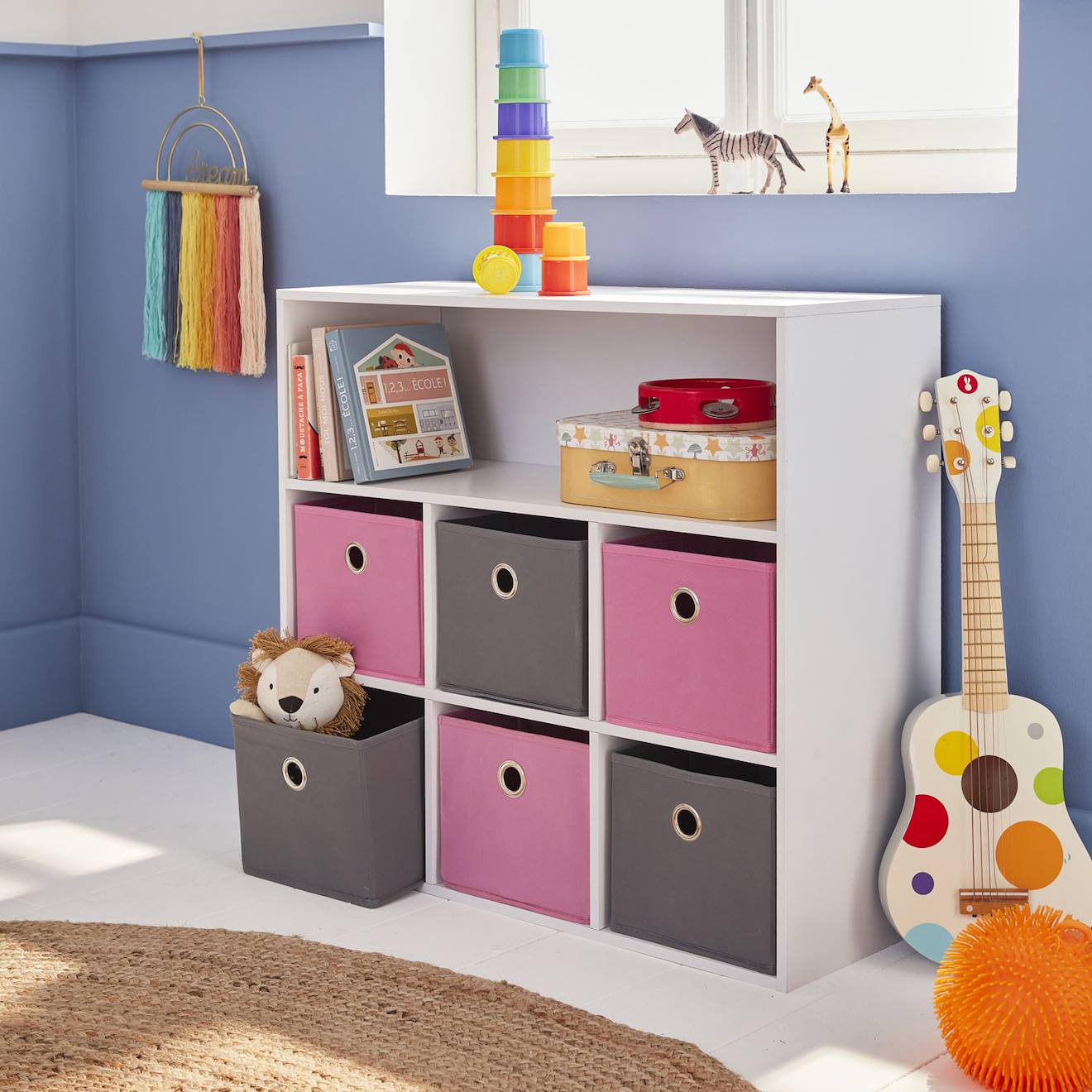 Meuble De Rangement Pour Enfant, Blanc - Camille - Avec 7 Compartiments Et 6 Paniers Rose