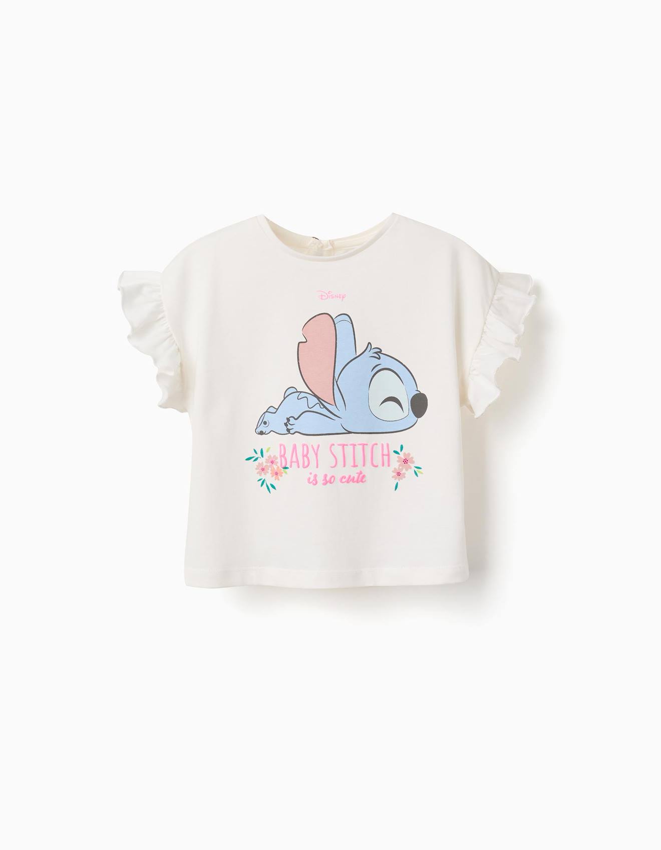 T-shirt En Coton Avec Imprim Stitch Et Volants Beige Clair 15$