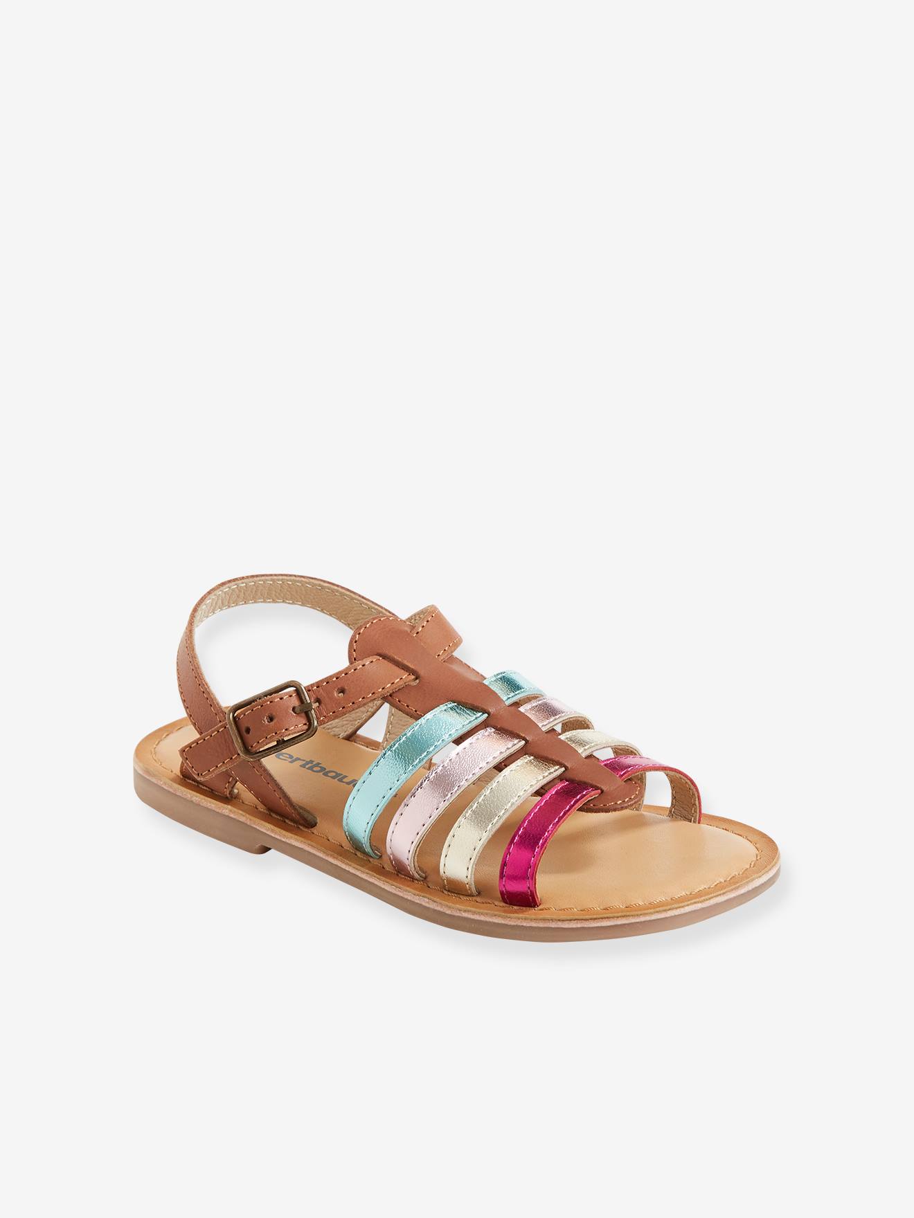 Sandales multi-brides cuir fille collection maternelle marron clair uni avec decor