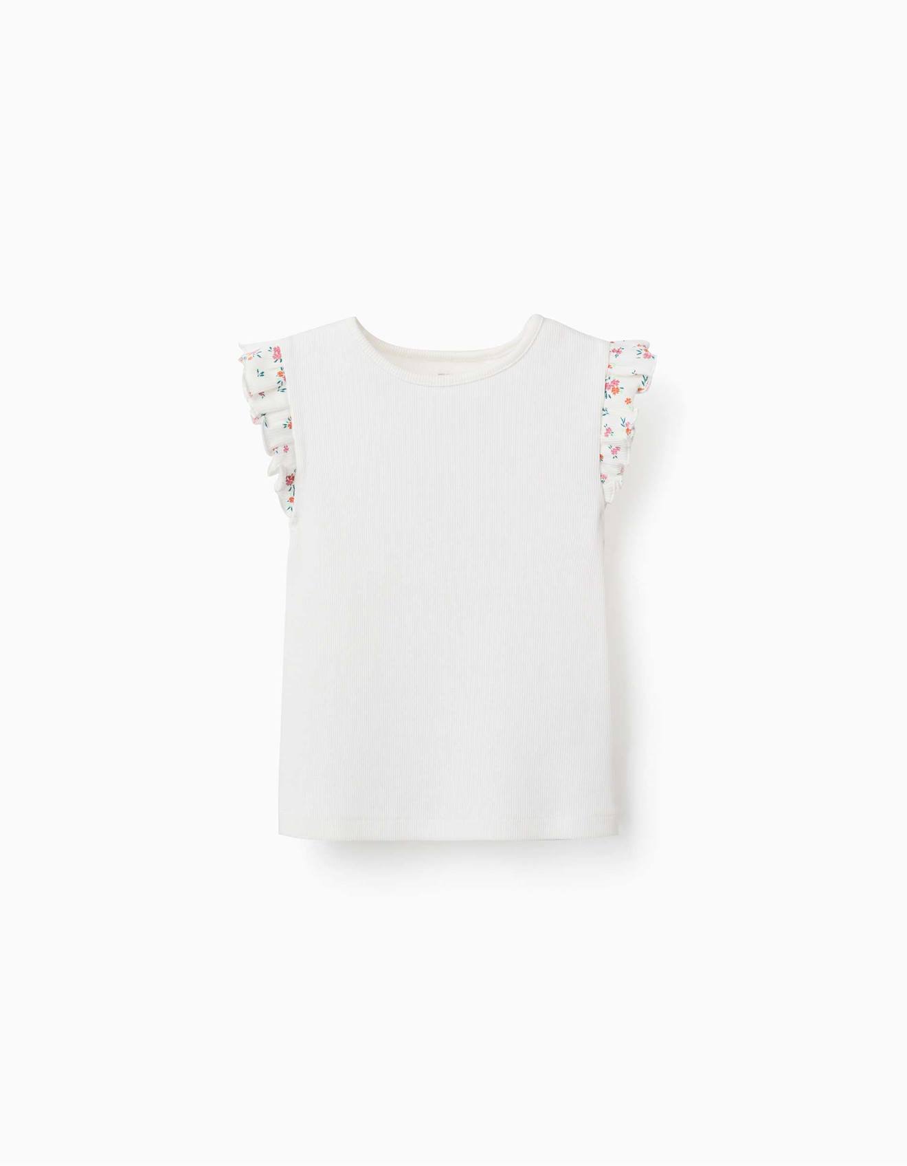 T-shirt En Coton Côtelé Avec Manches À Volants Beige Clair