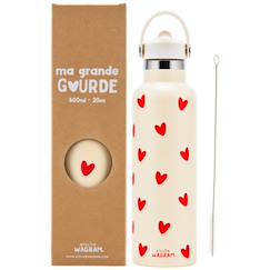 Puériculture-Repas-Vaisselle, coffret repas-Gourde isotherme crème-cœurs rouges (600 ml)