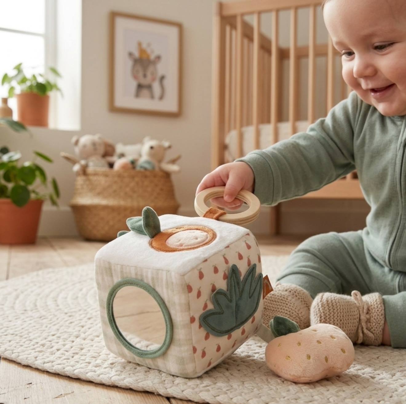 Cube D'activités Bébé En Velours - Botanica Blanc