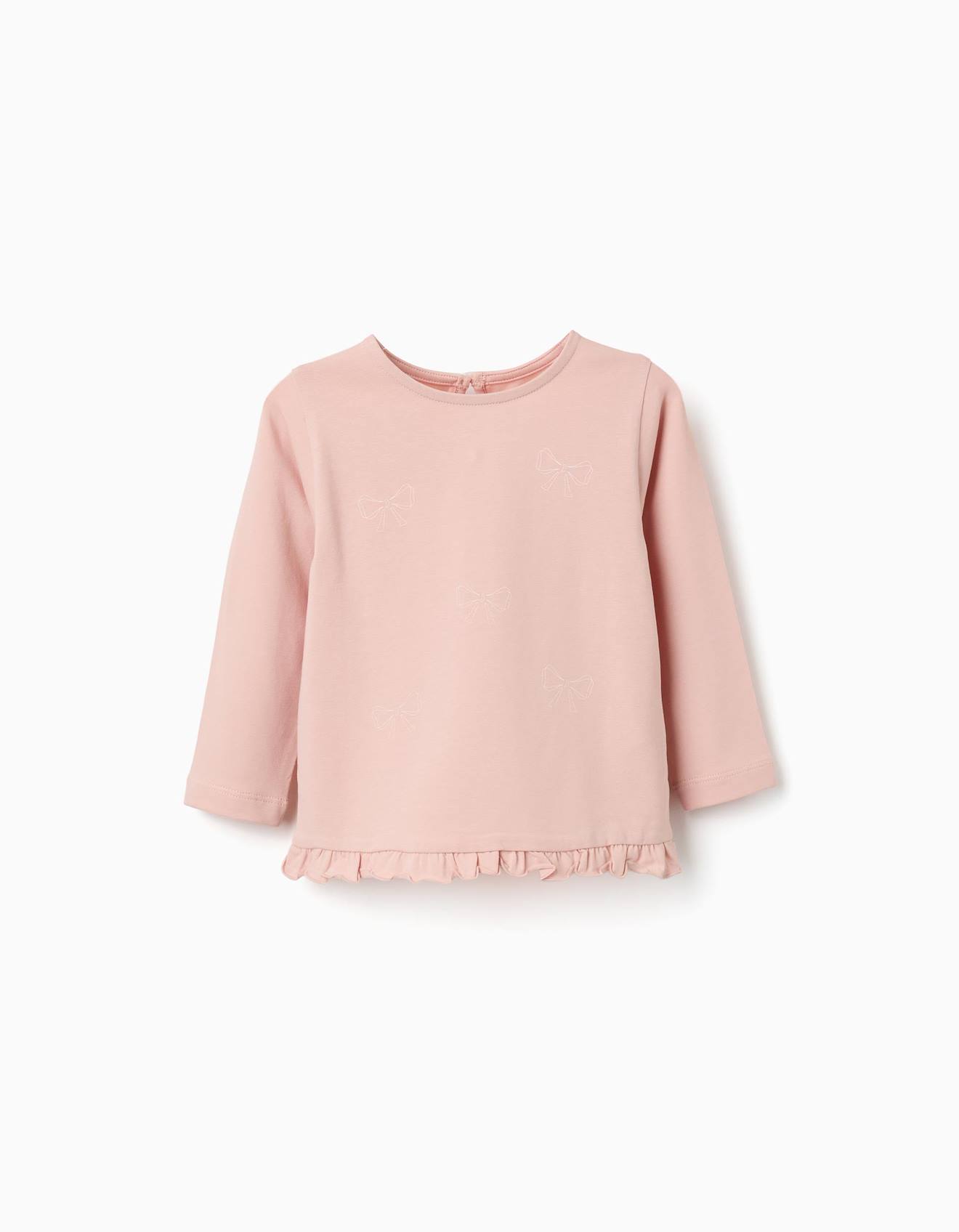 T-shirt En Coton À Manches Longues Avec Ourlet Volanté Rose Clair
