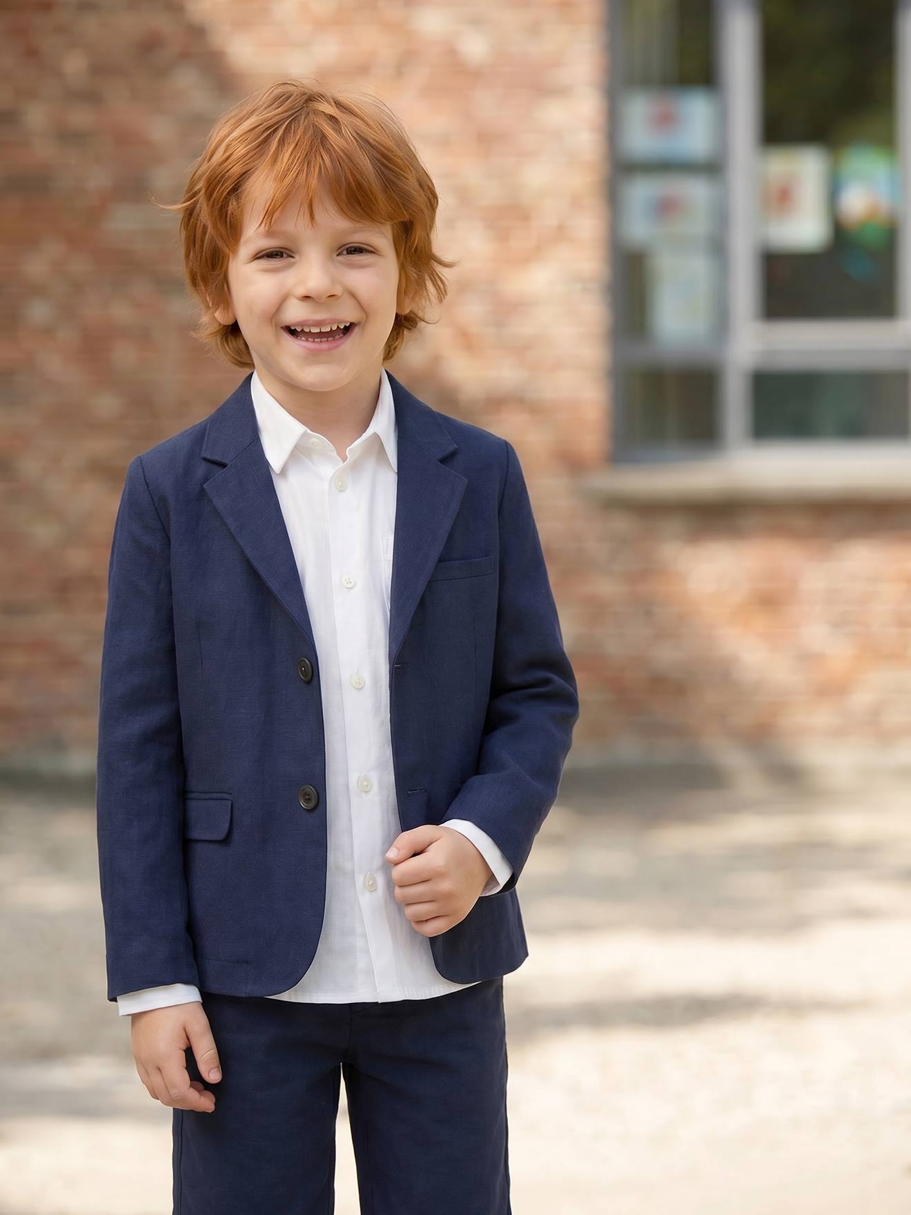 Veste garçon cérémonie en coton/lin marine foncé