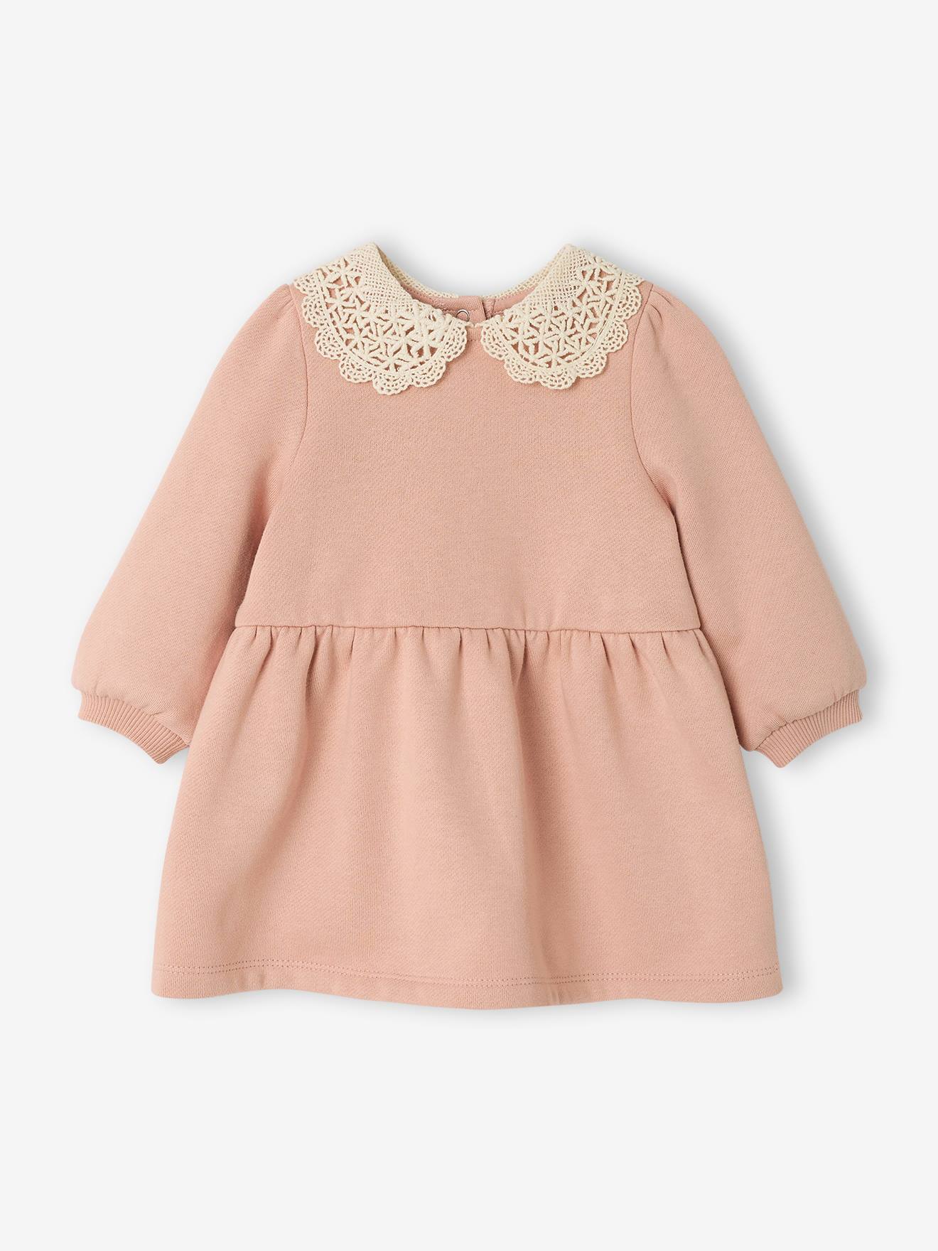 Robe bébé en molleton avec col en crochet rose poudré