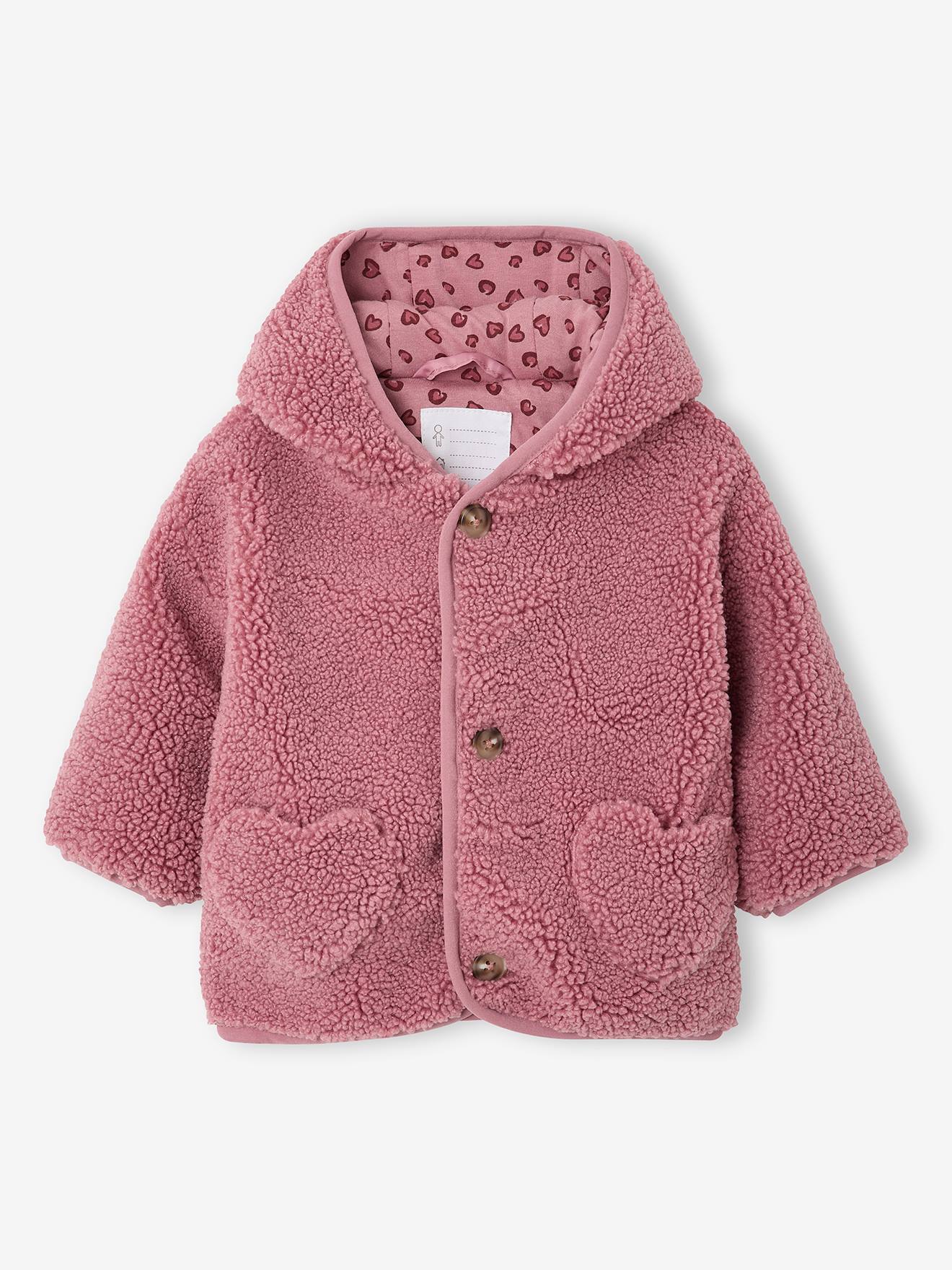 Manteau bébé en sherpa avec doublure imprimée léopard vieux rose