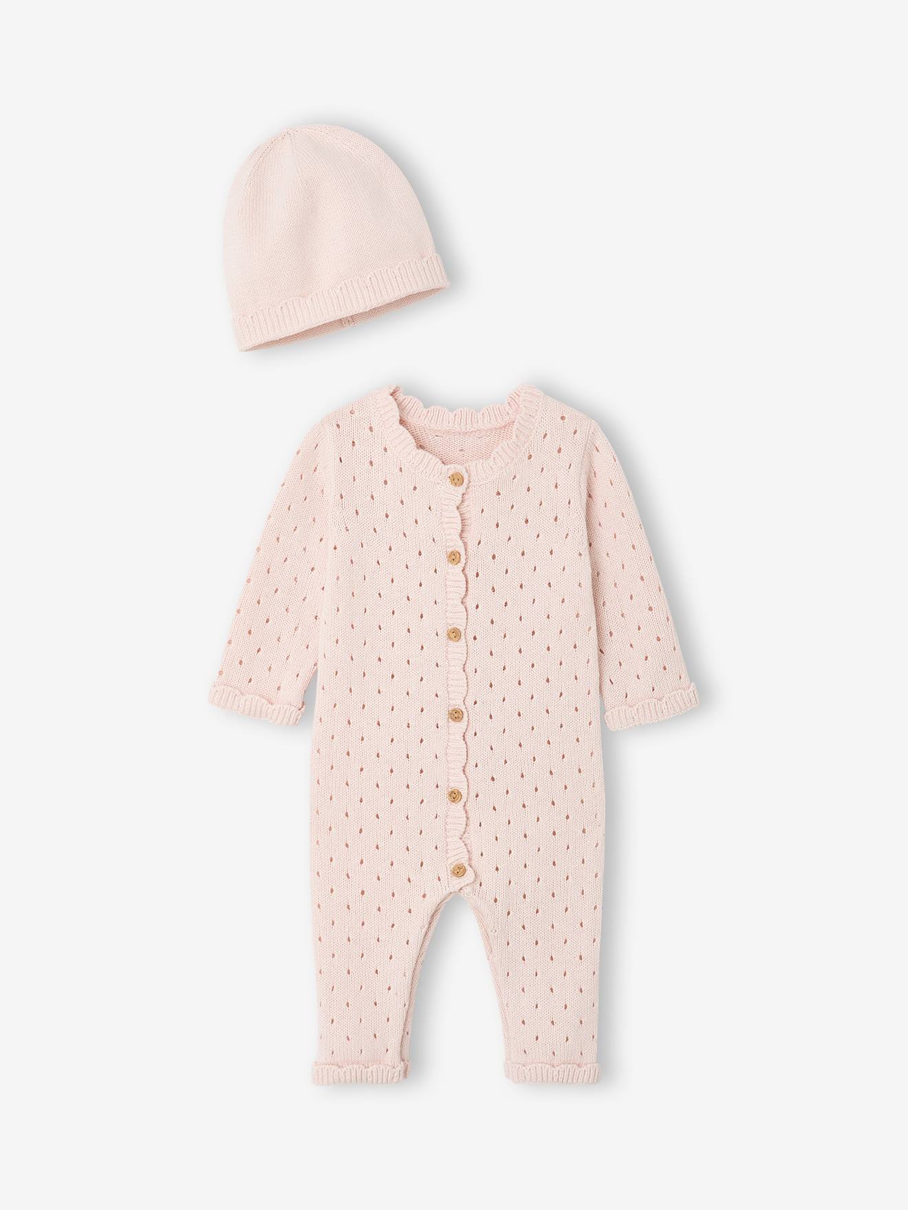 Ensemble combinaison et bonnet naissance fille rose pâle