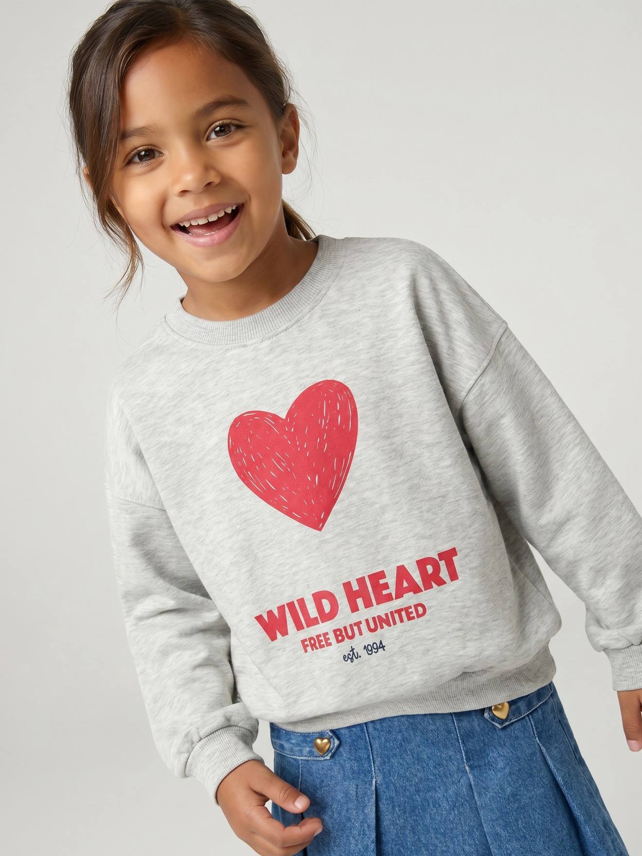 Sweat fille col rond manches longues gris chiné