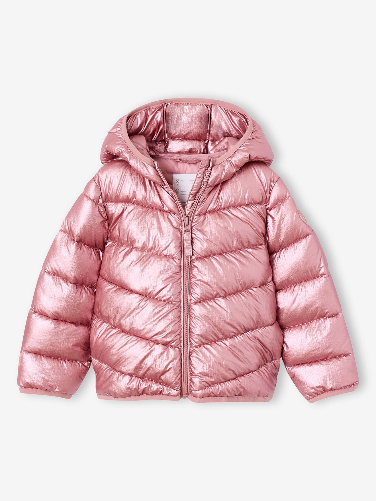 Doudoune fille légère à capuche effet brillant métallisé rose pâle