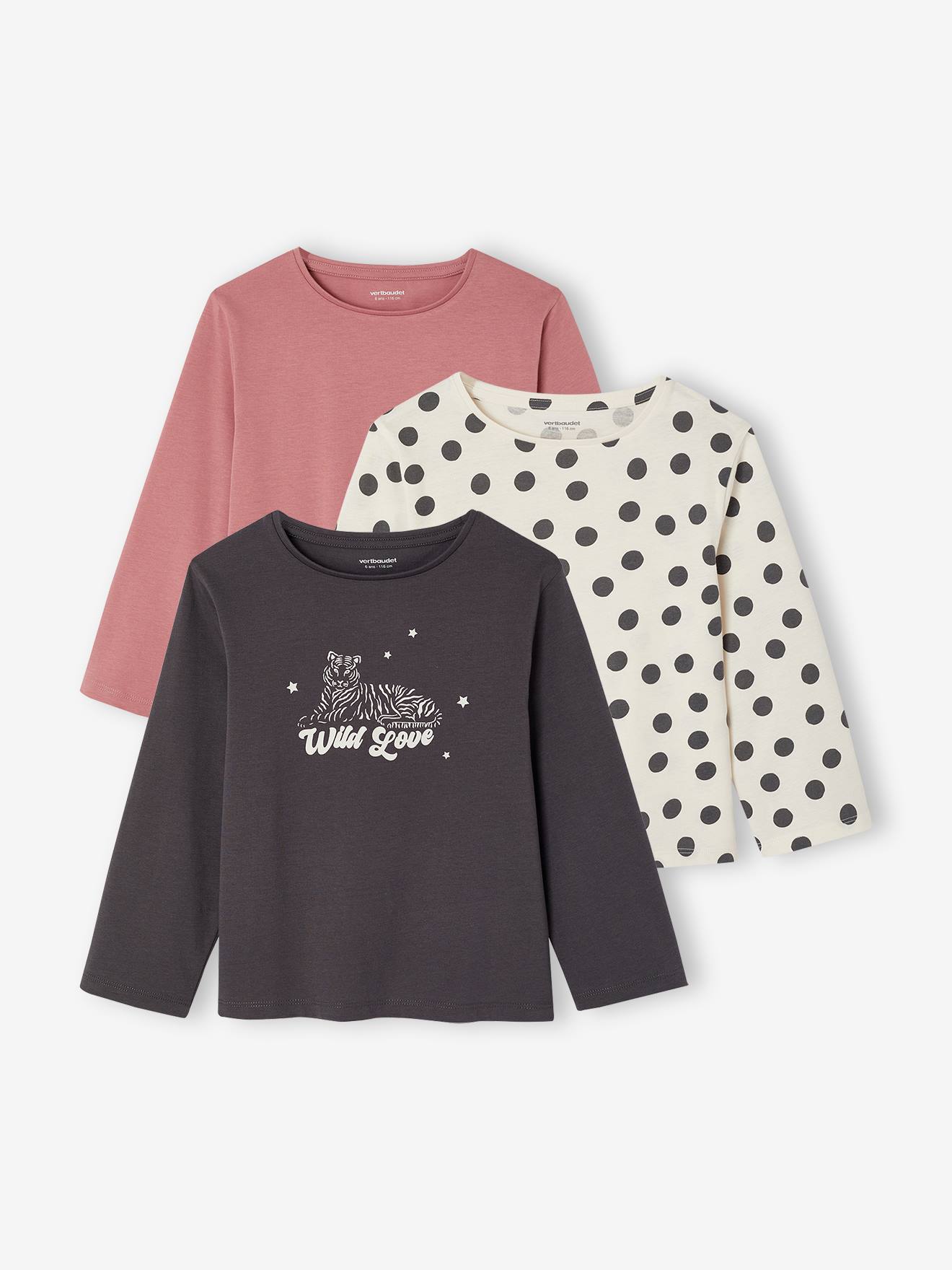 Lot de 3 t-shirts fille fantaisie manches longues mauve Lot de 3 t-shirts fille fantaisie manches longues mauve