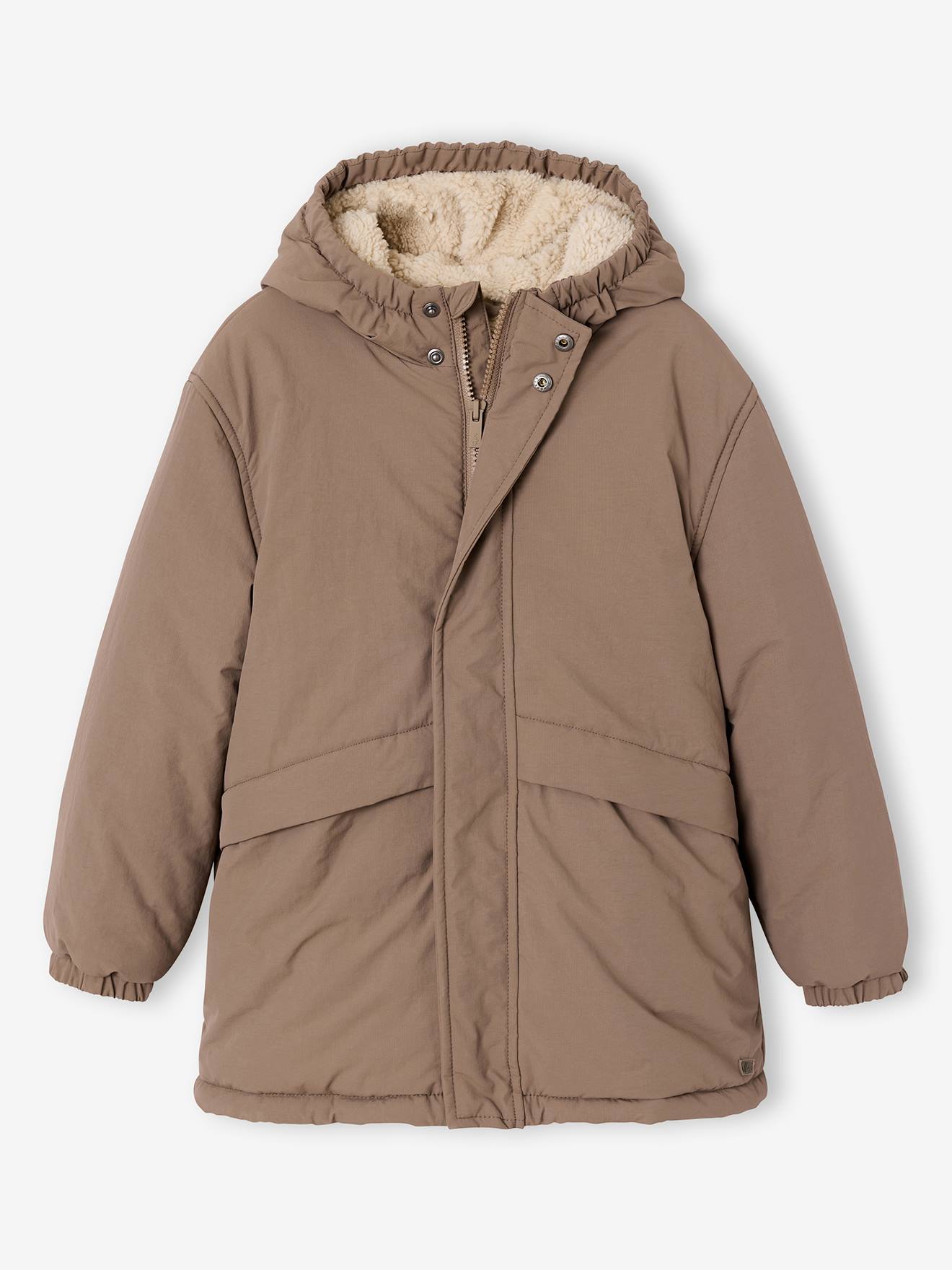 Parka garçon à capuche doublure sherpa taupe