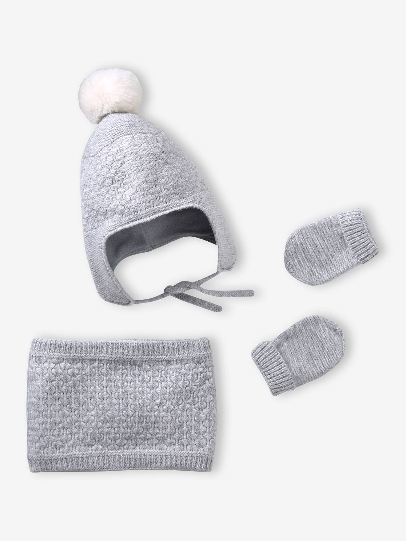 Ensemble bébé bonnet, snood et moufles gris chiné