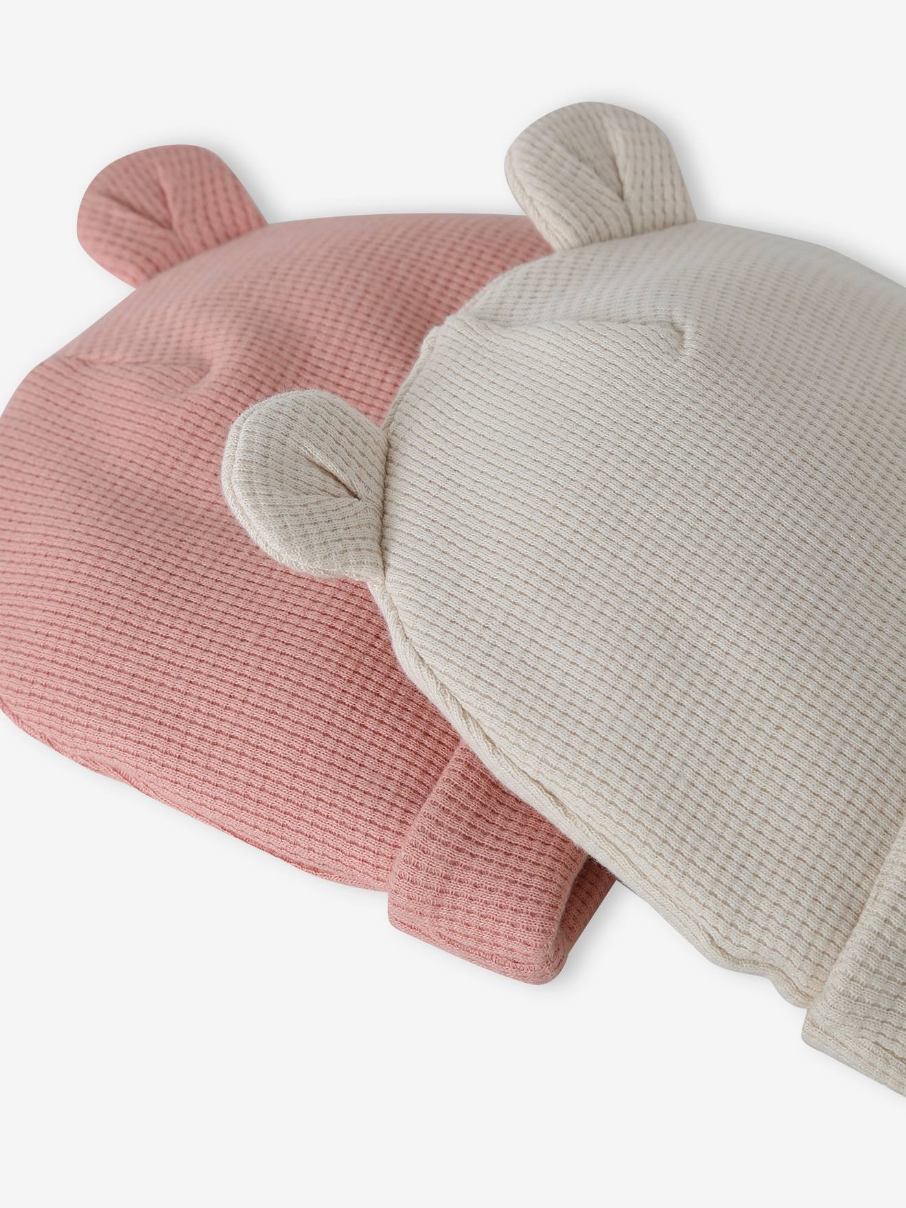 Lot de 2 bonnets naissance à oreilles d'ours rose poudré (Vertbaudet) - Image 1