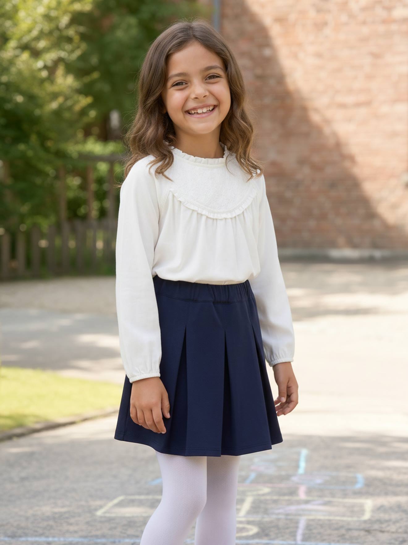 Tee-shirt blouse fille détail broderie anglaise manches longues écru