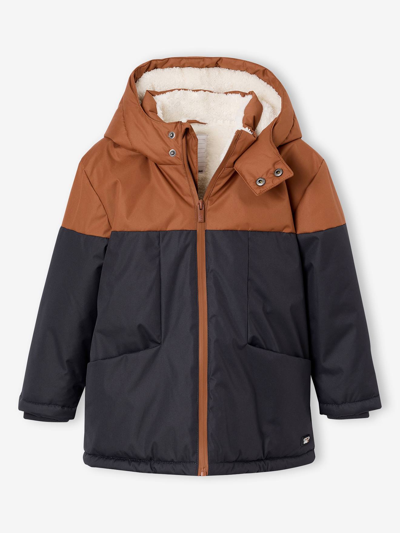 Parka technique à capuche garçon doublée fausse fourrure noisette