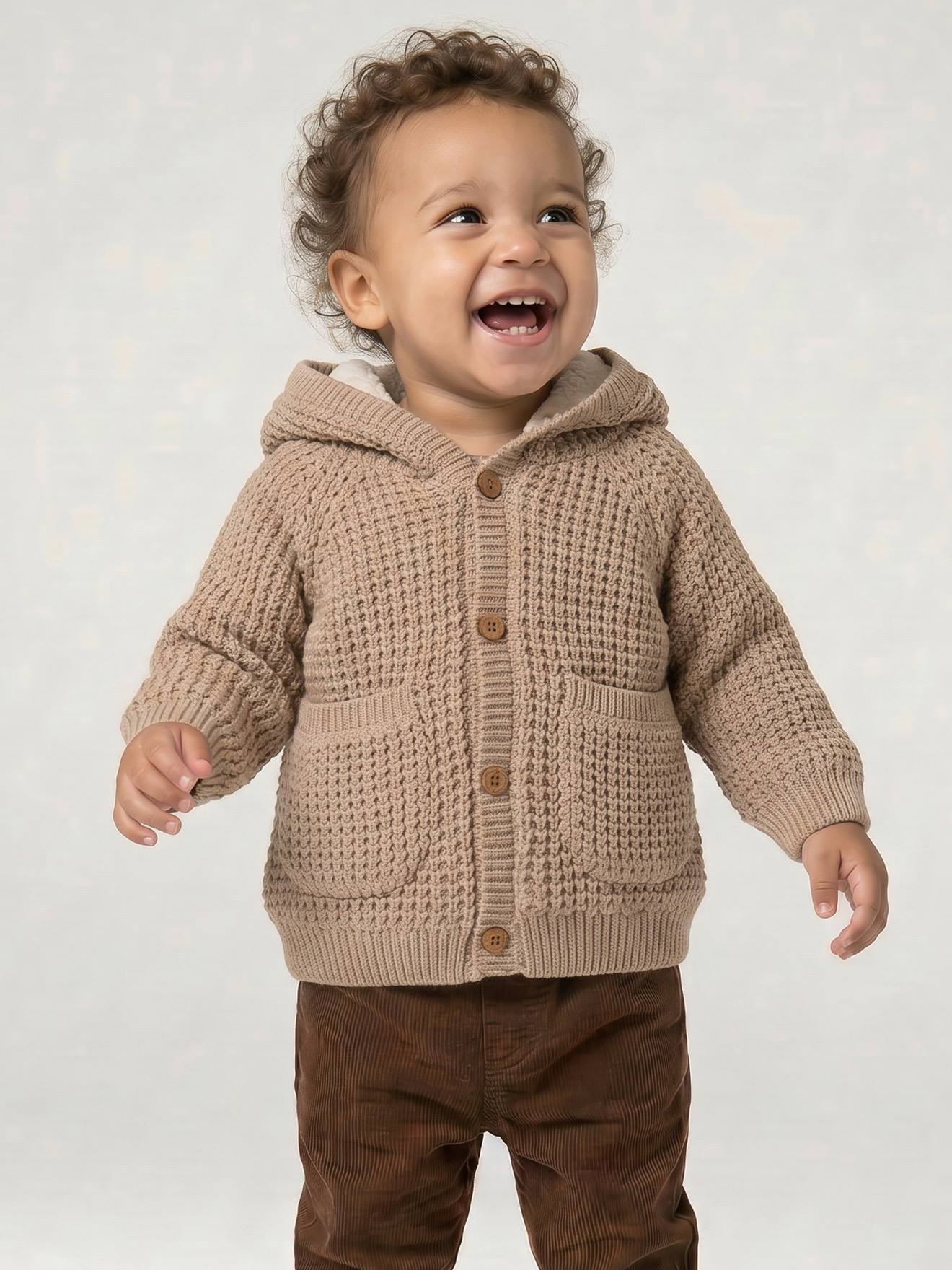 Gilet à capuche bébé en tricot beige chiné