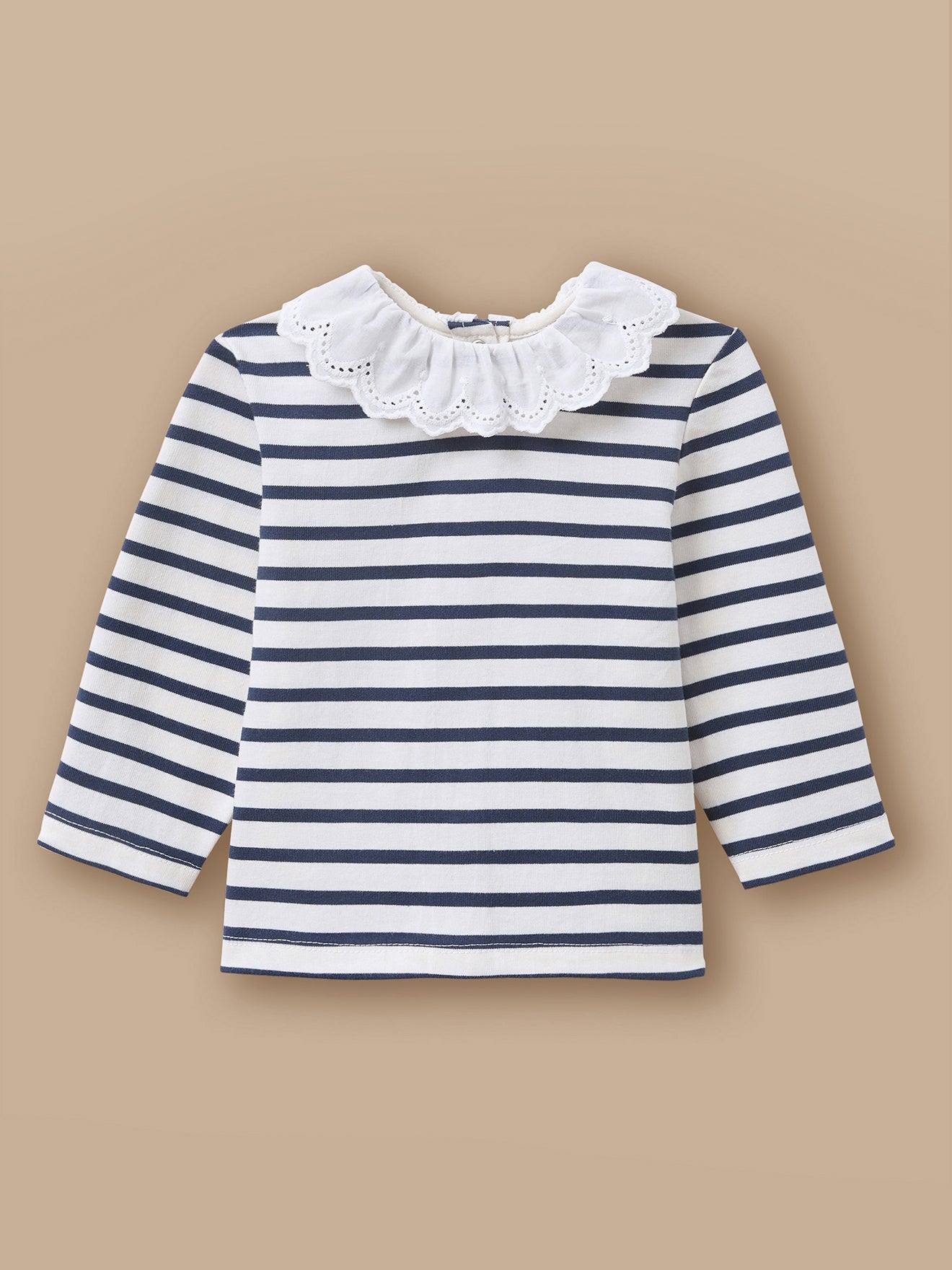 T-shirt Marinière Broderie Anglaise Bébé Rayure Marine/ecru