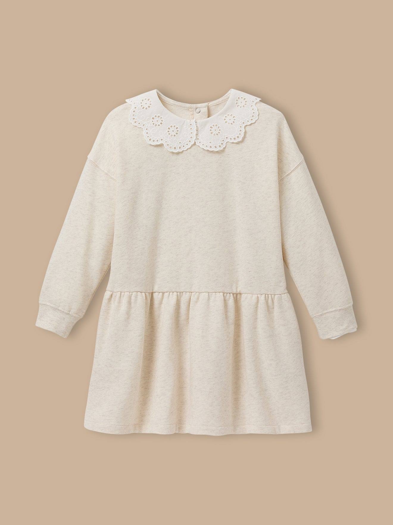 Robe Grand Col Brodé - Coton Biologique Ecru Chine
