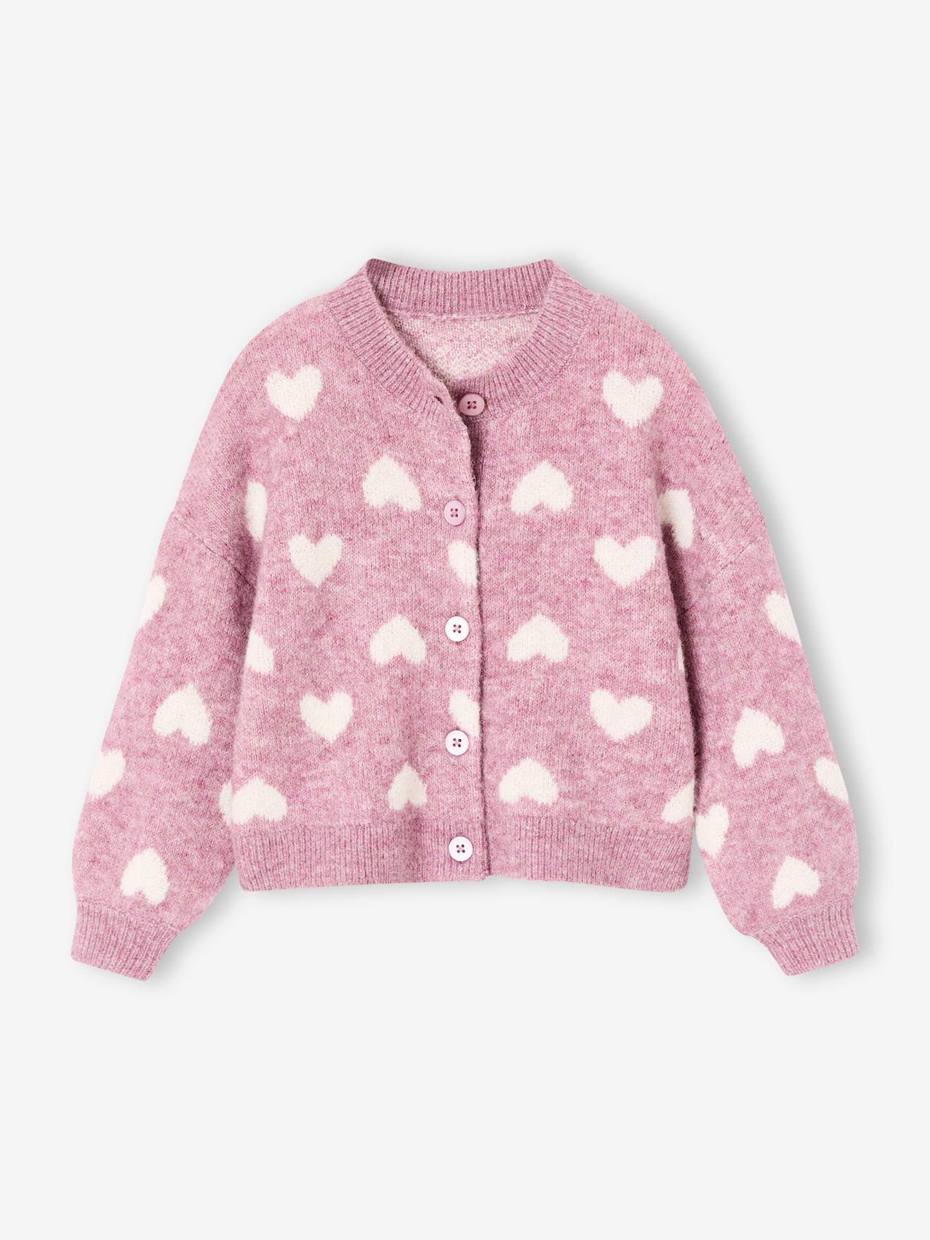 Gilet jacquard coeurs fille lilas
