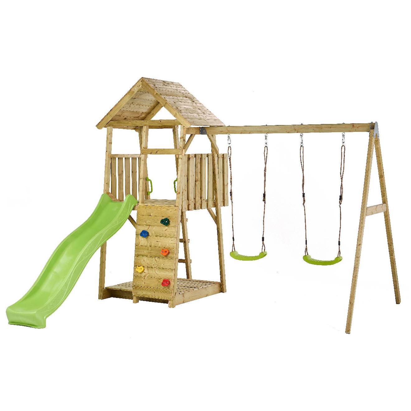 Aire De Jeux Bois, 2 Balançoires, Toboggan, Escalade, Bac À Sable Woodi Marron