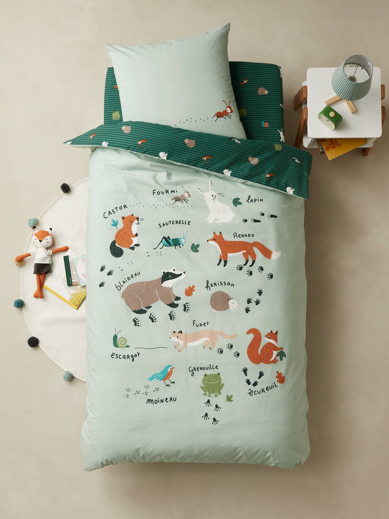 Parure housse de couette + taie d'oreiller enfant Bio* collection CLASSE VERTE vert