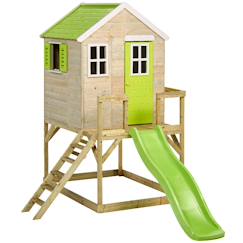 -Kangui maisonnette enfant extérieur en bois tinni avec plateforme et toboggan - toit étanche - vert & blanc