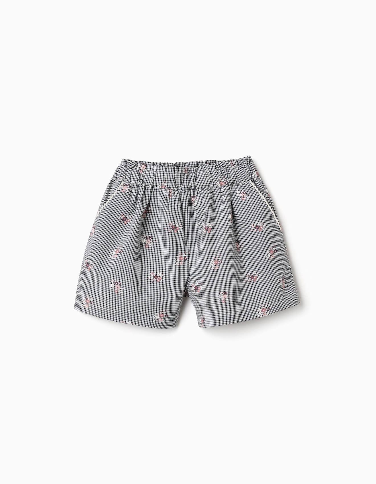 Short En Coton À Motif Vichy Et Imprimé Floral Bleu Foncé