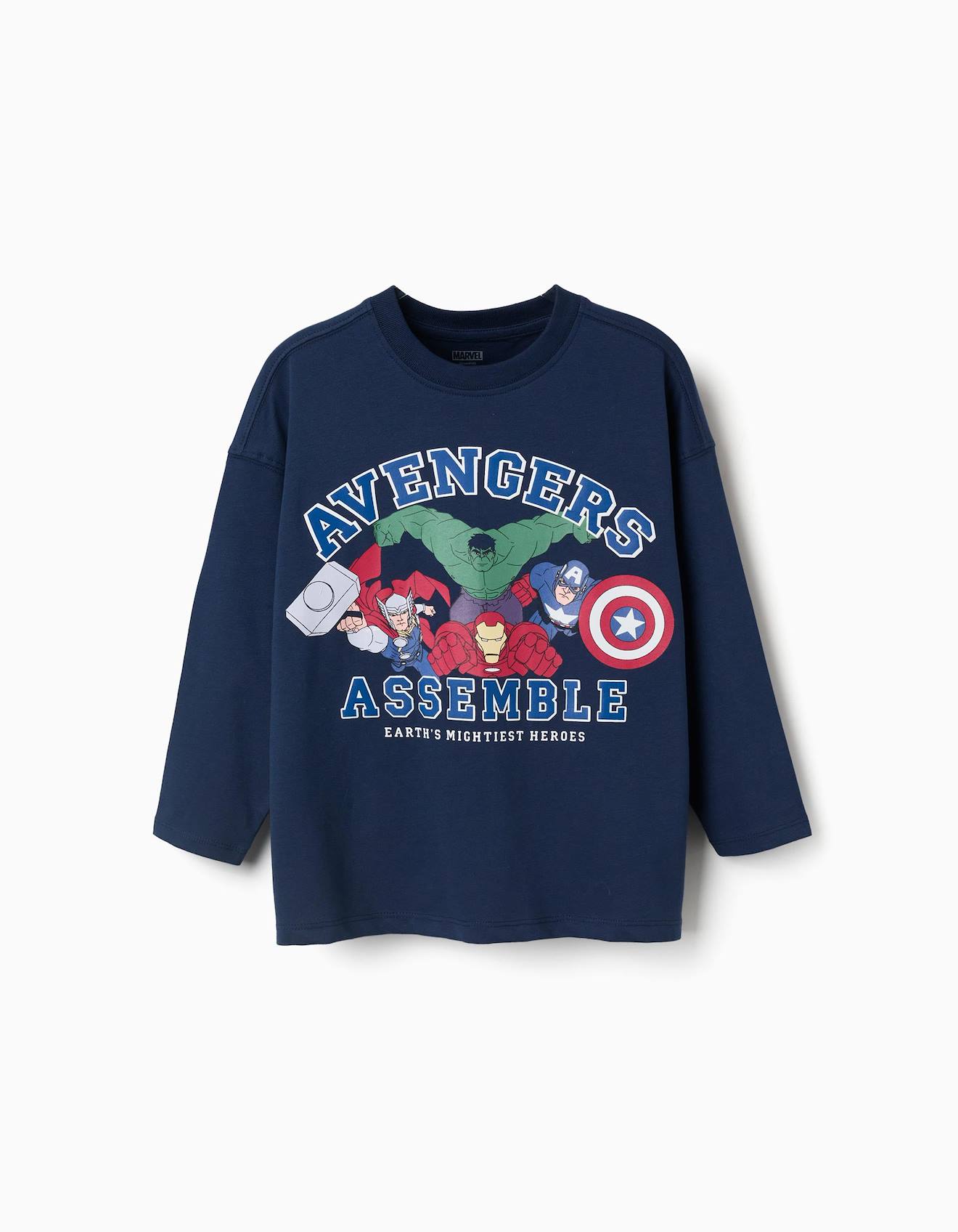 T-shirt En Coton À Manches Longues Et Imprimé Avengers Bleu Foncé