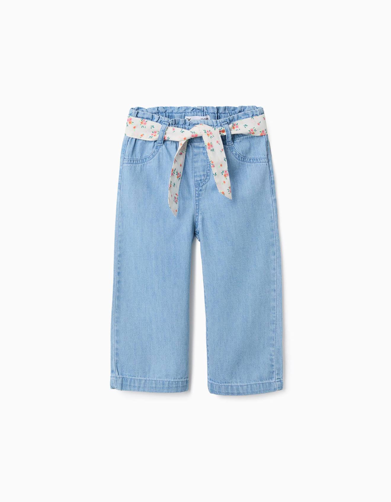 Pantalon En Jean À Jambe Large Avec Ceinture À Motif Floral Bleu