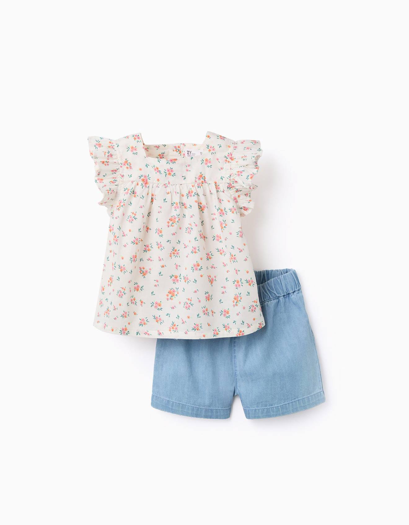 Chemisier À Motif Floral Et Short En Jean Beige Clair