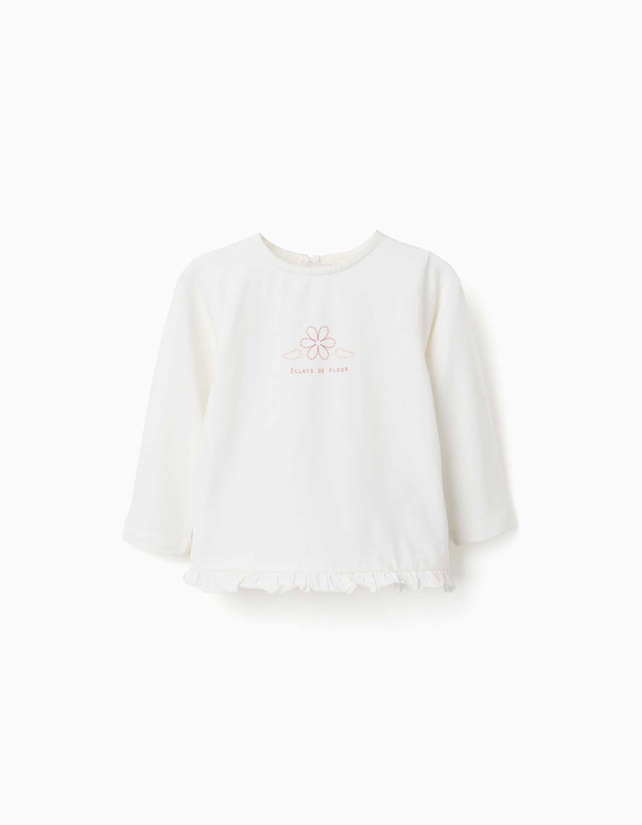 T-shirt En Coton À Manches Longues Avec Ourlet Volanté Blanc