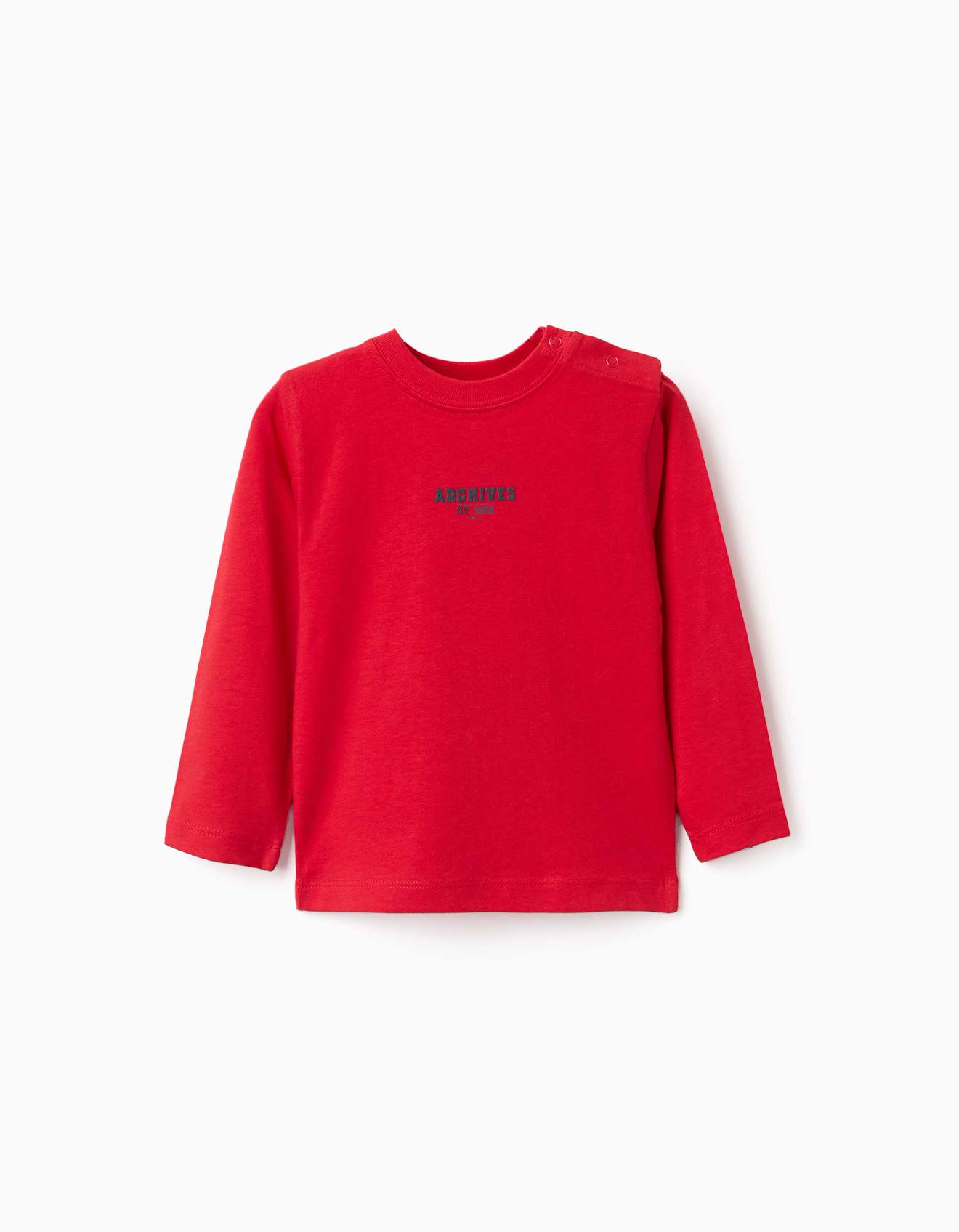 T-shirt En Coton À Manches Longues Avec Imprimé Zy En Relief Rouge