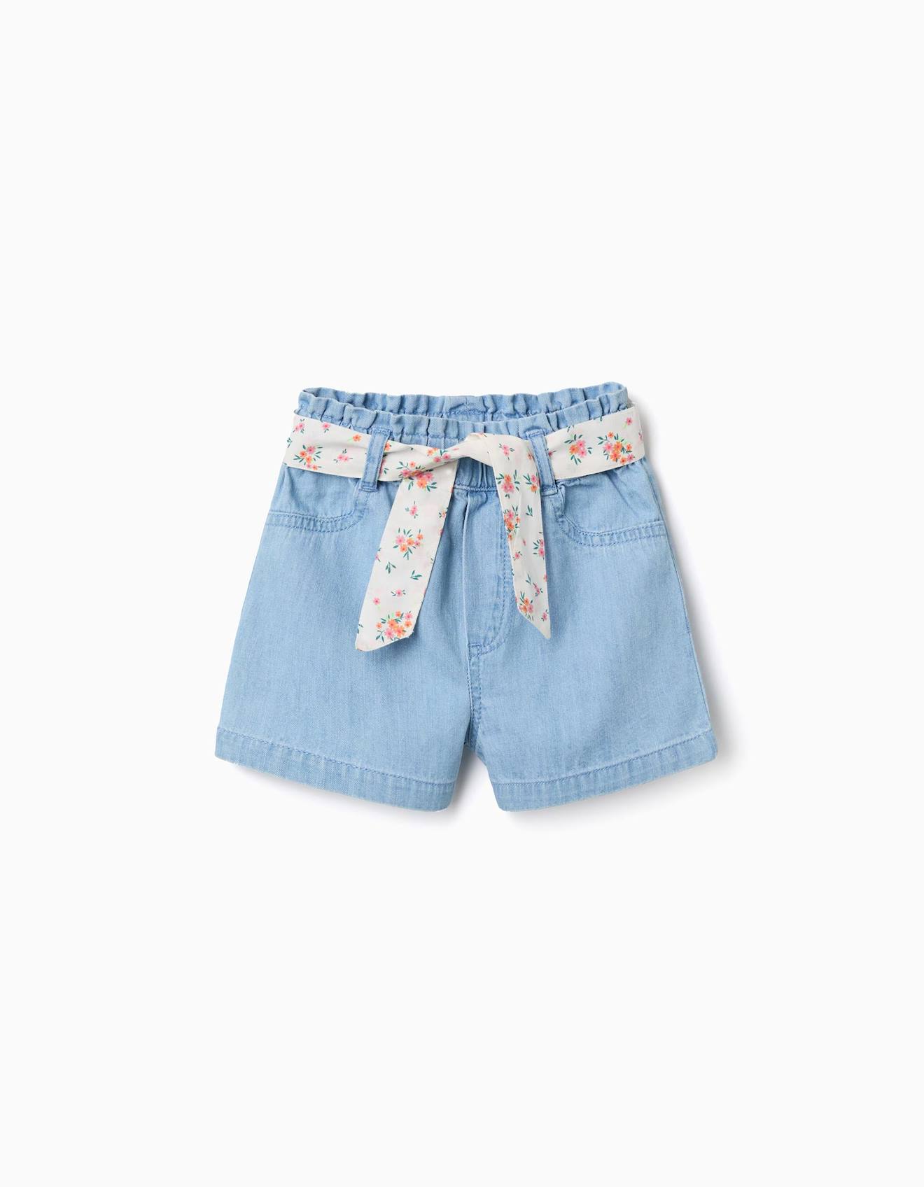 Short En Jean Avec Ceinture À Motif Floral Bleu Clair