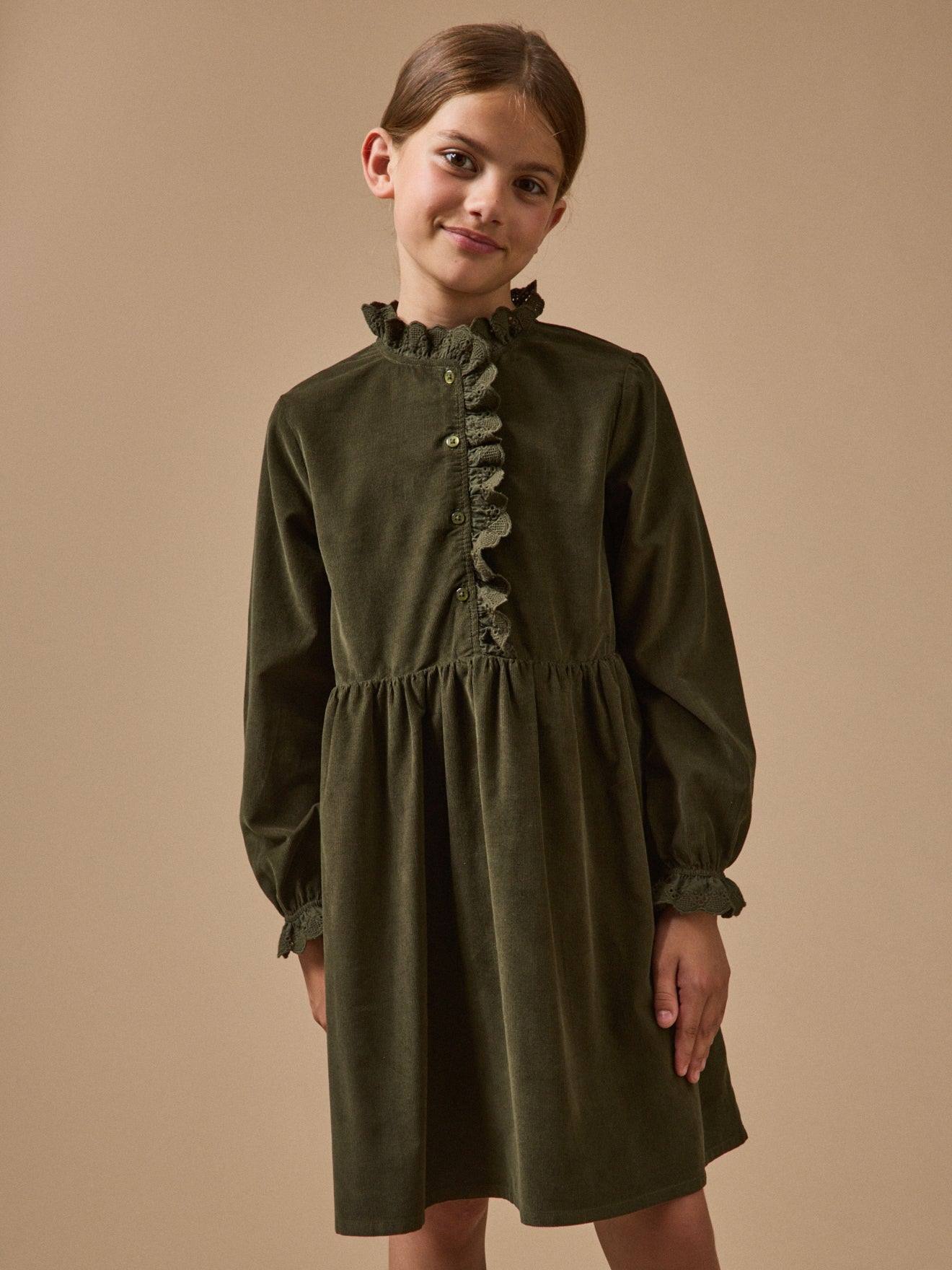 Robe Fille En Velours Kaki