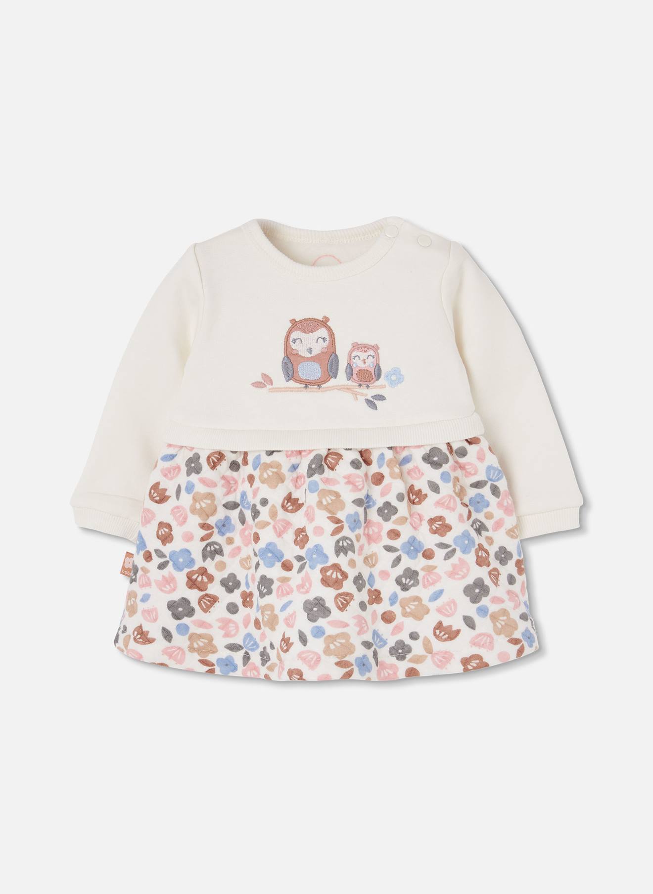 Robe Bébé En Maille Fleurs Brodées Hiboux Blanc