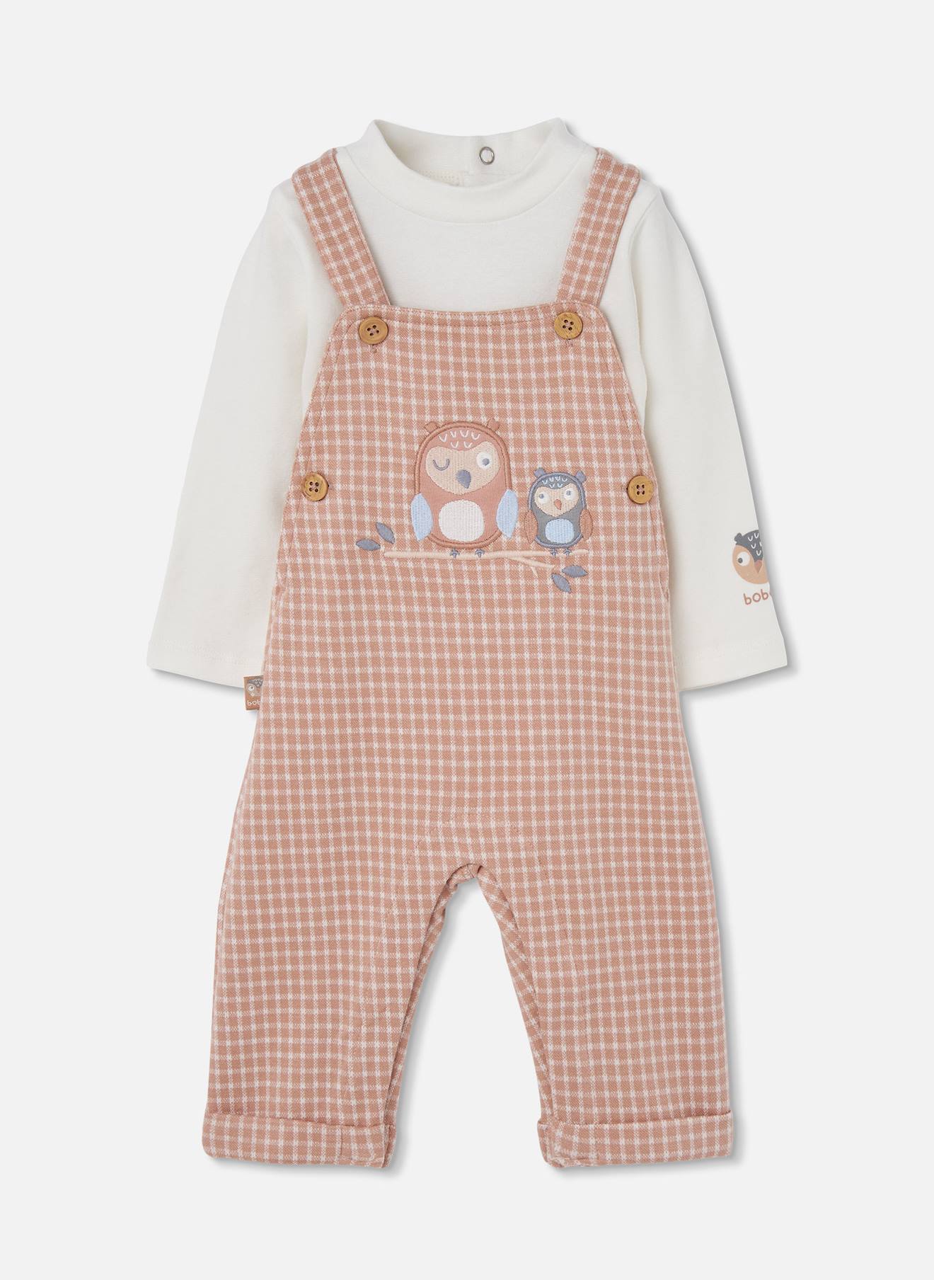 Ensemble Bébé Garçon Maille Carreaux Brodé Hiboux Pink