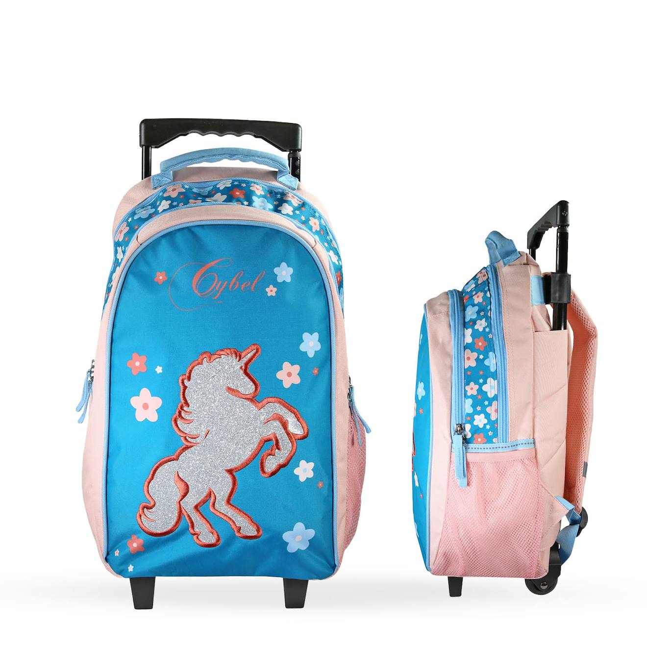 Sac À Dos Scolaire À Roulettes 2 Compartiments Cybel - Licorne Pailletée Bleu Et Rose