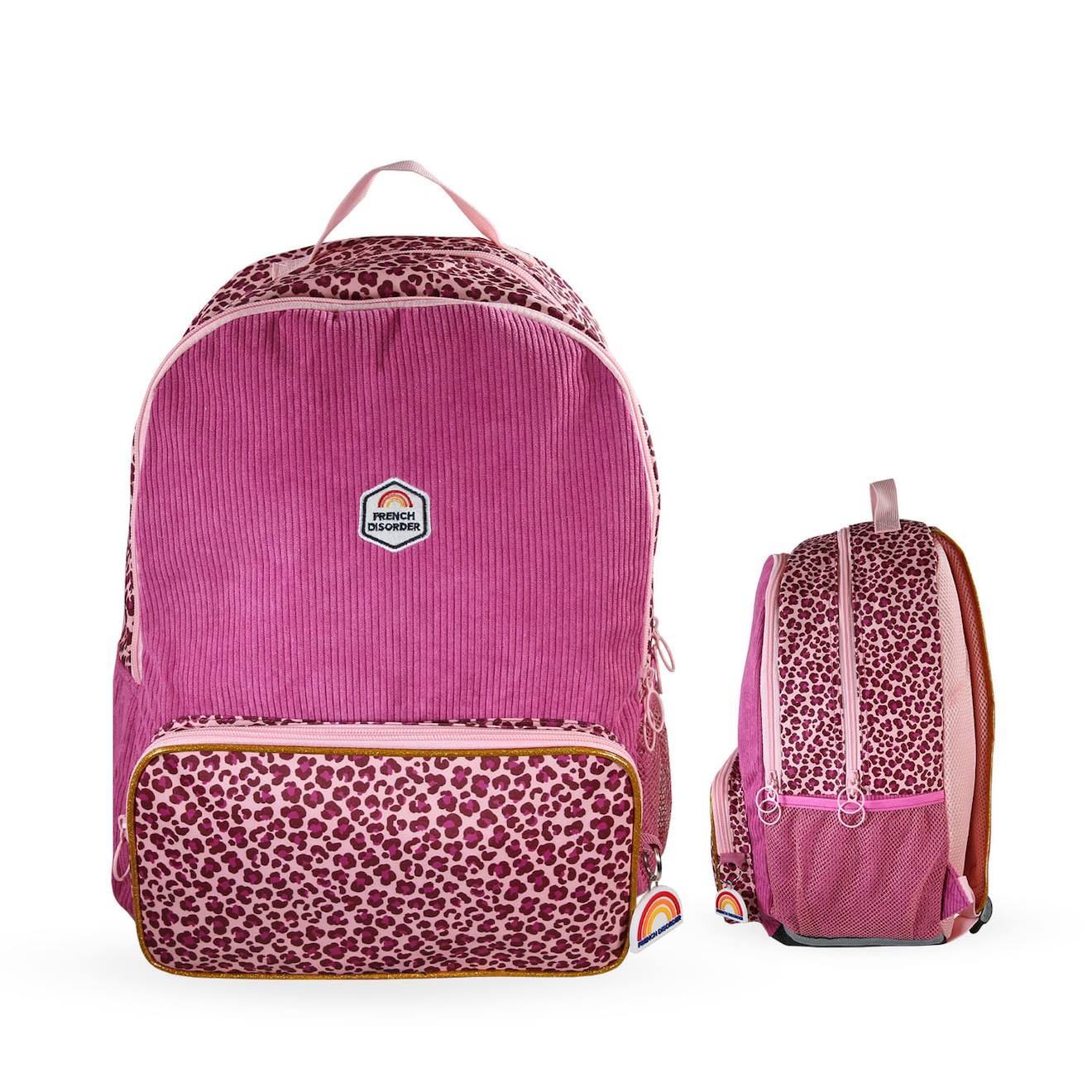 Sac À Dos Scolaire - 2 Compartiments French Disorder - Velours Côtelé Léopard Rose