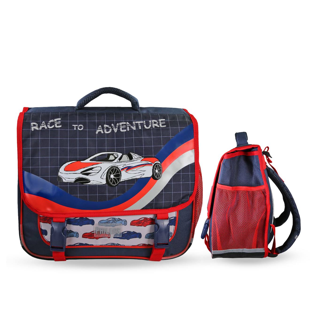 Cartable Scolaire 38 Cm - 2 Compartiments Phileas - Voiture De Course Bleu Et Rouge