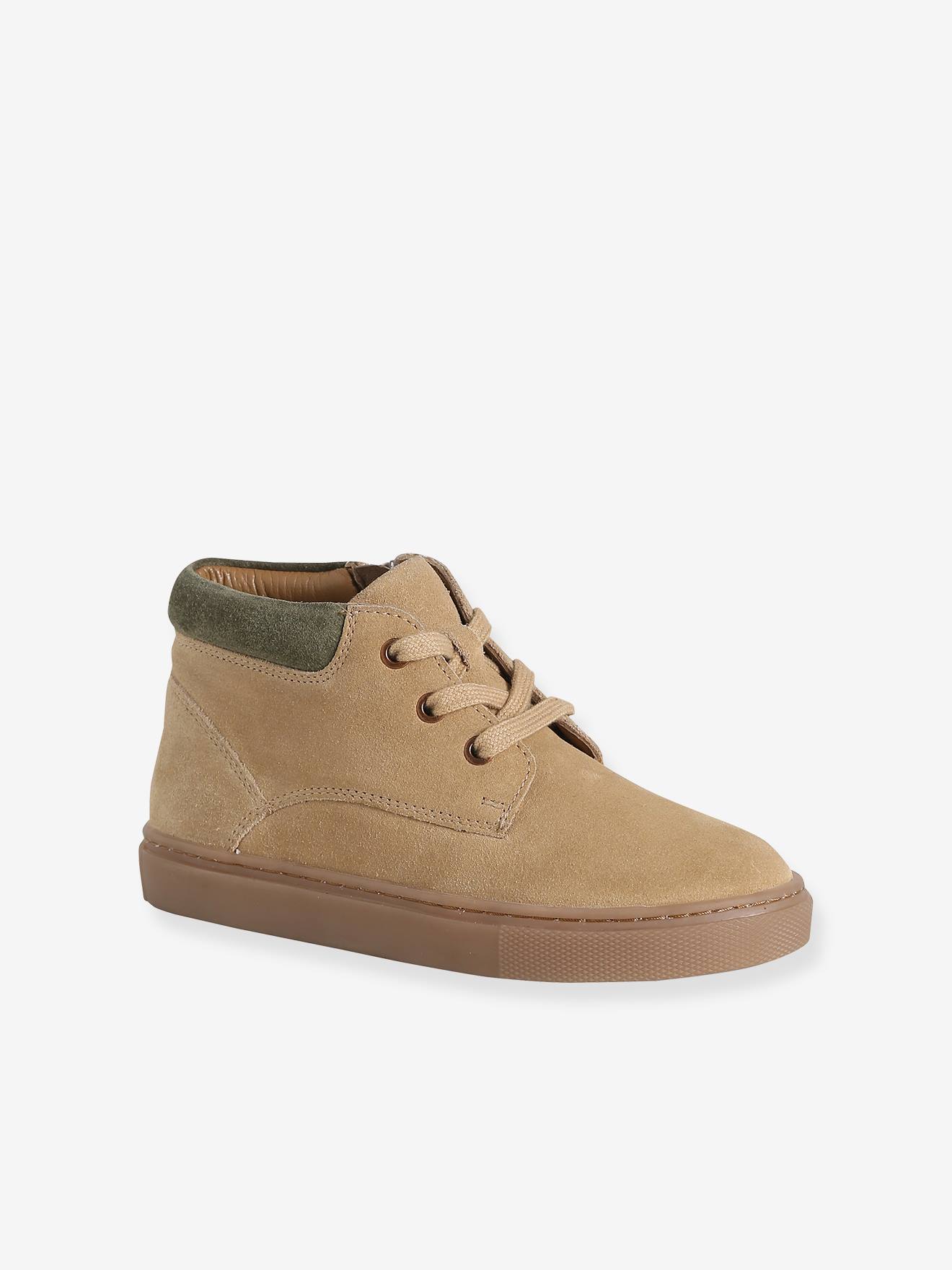 Baskets enfant garçon cuir montantes zippées et élastiquées beige