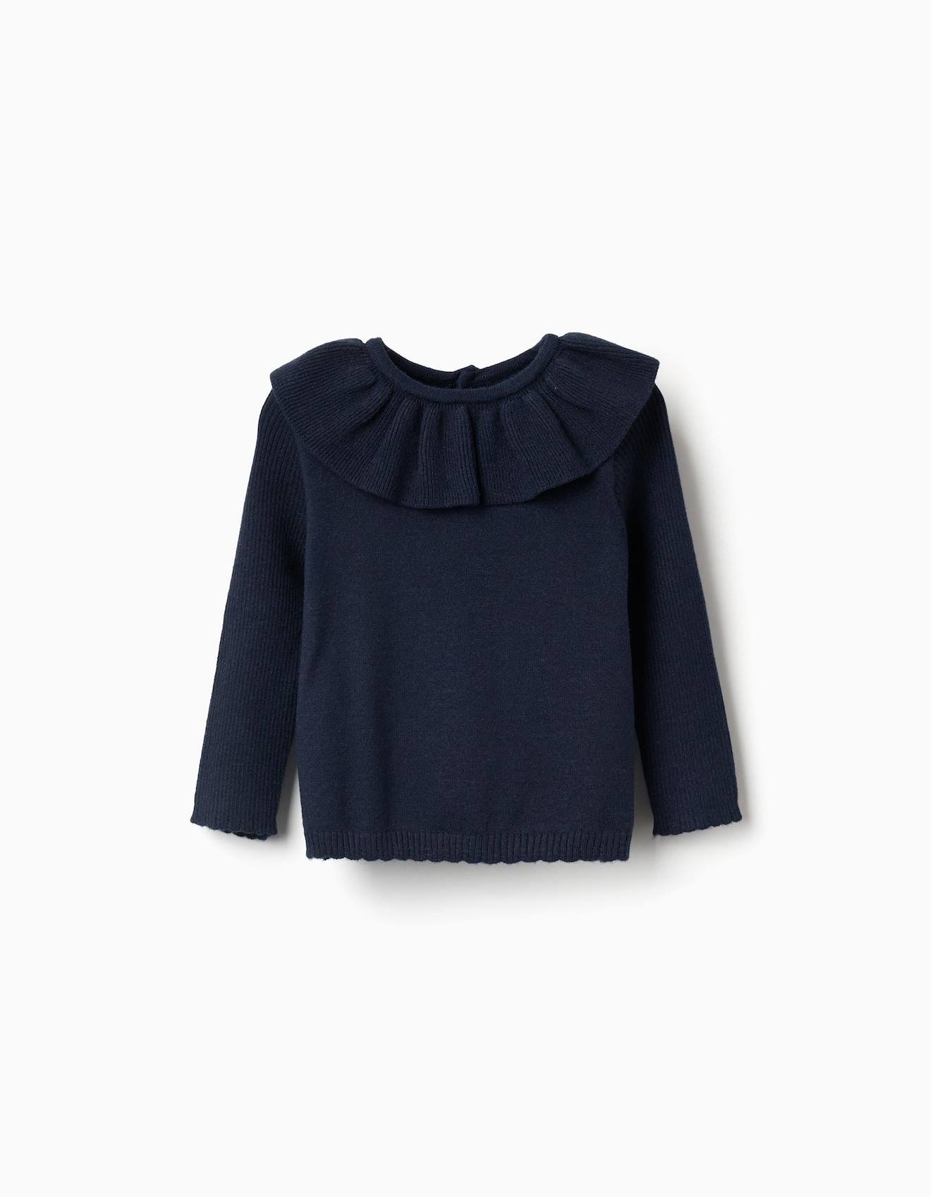 Pull En Maille Avec Extrémités Festonnées Bleu Foncé Pull En Maille Avec Extrémités Festonnées Bleu Foncé