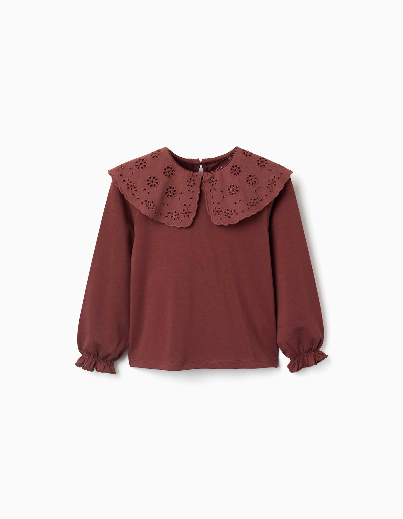 T-shirt En Coton Avec Maxi Col En Broderie Anglaise Marrón
