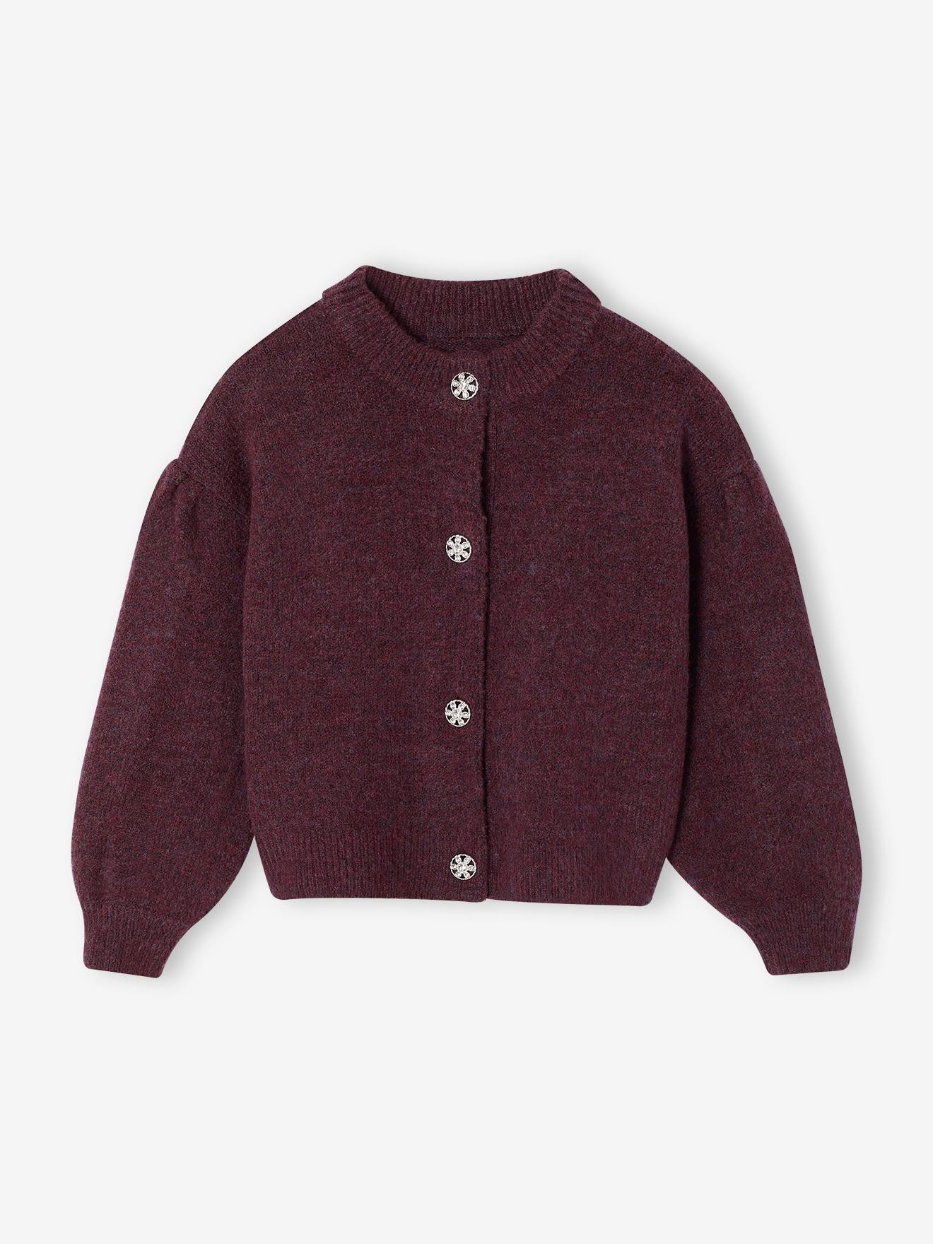 Gilet fille boutons bijoux prune