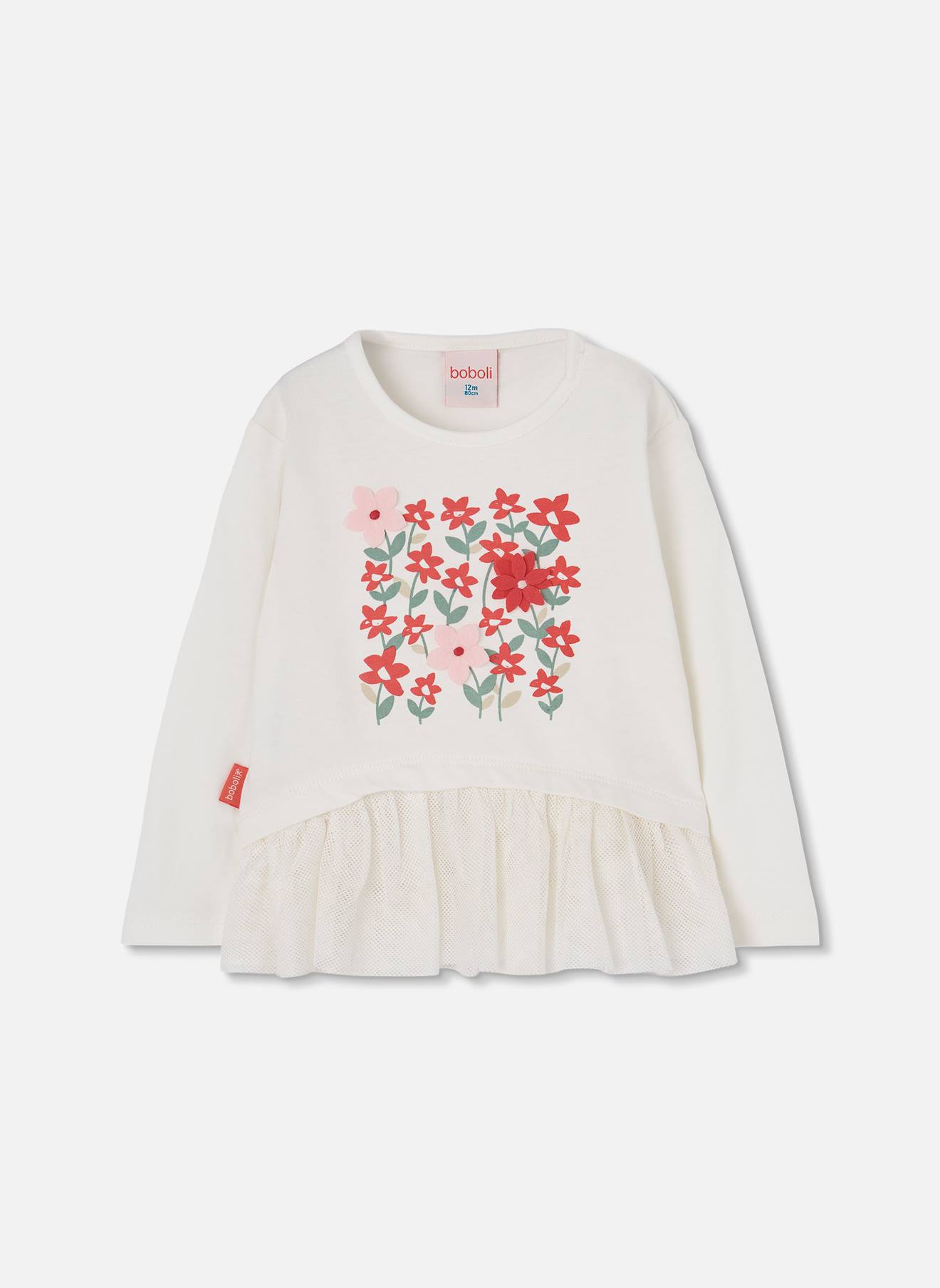 T-shirt Fille En Maille Imprimé Fleurs Tulle Blanc