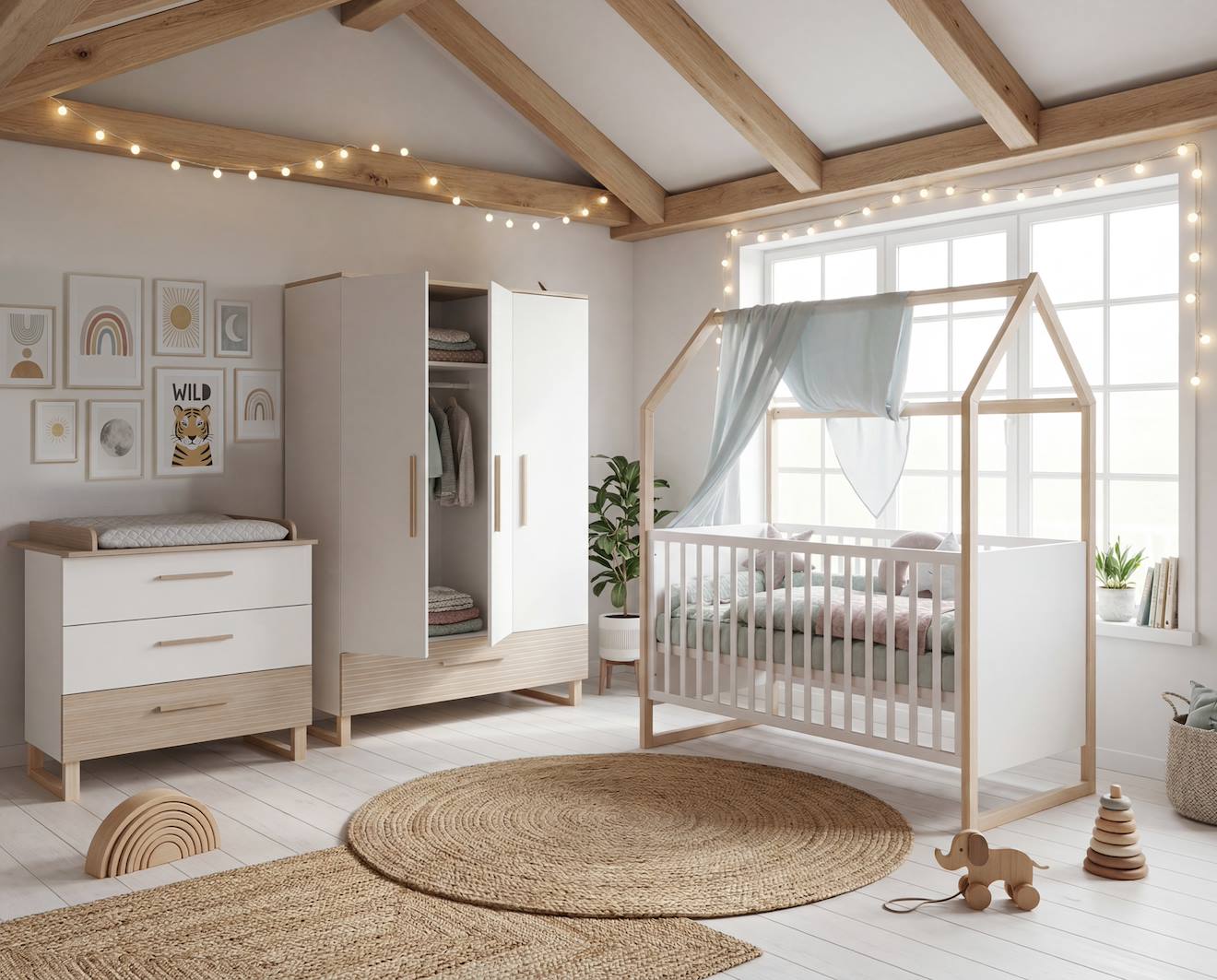 Ensemble Chambre Bébé 'noah' Trio Avec Lit Cabane 70 X 140 Blanc - Chêne Tristan — photo 1/4